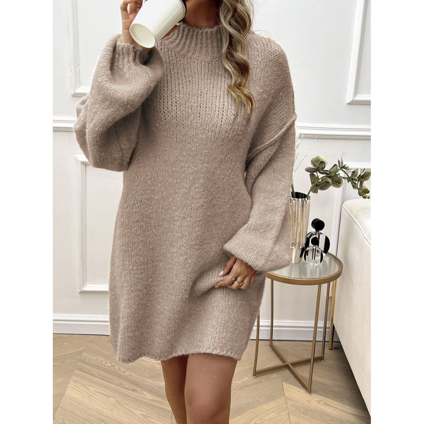 Devine Mock Neck Long Sleeve Mini Sweater Dress