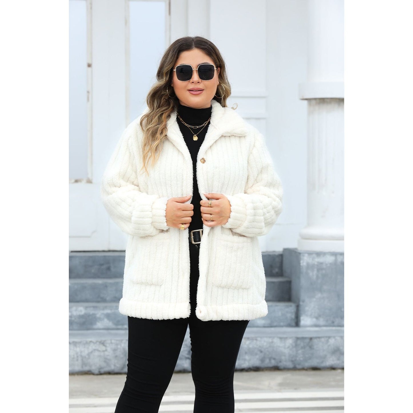 Plus Size Fuzzy Collared Neck Long Sleeve Jacket