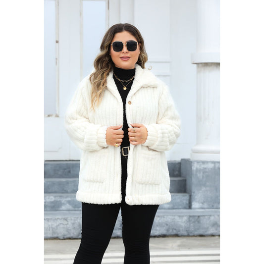 Plus Size Fuzzy Collared Neck Long Sleeve Jacket