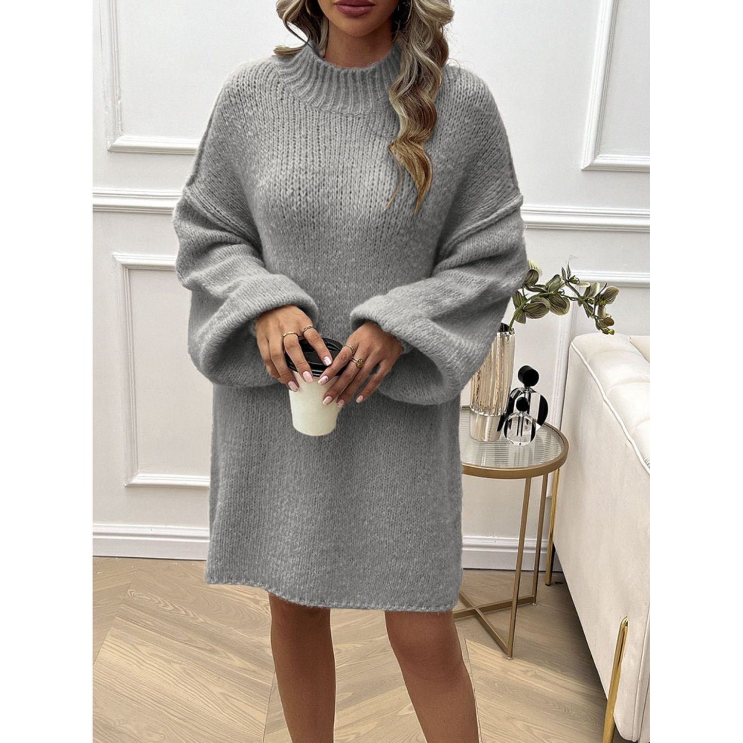 Devine Mock Neck Long Sleeve Mini Sweater Dress