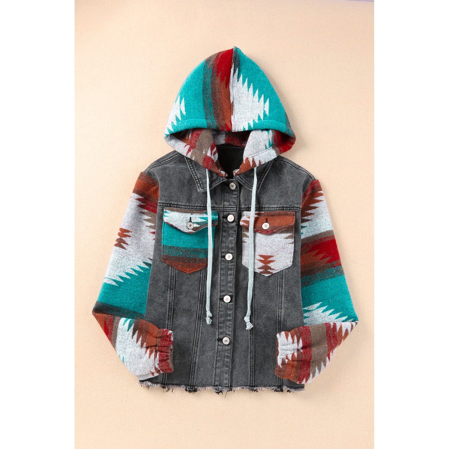 Drawstring Hooded Pocketed Denim Jacket