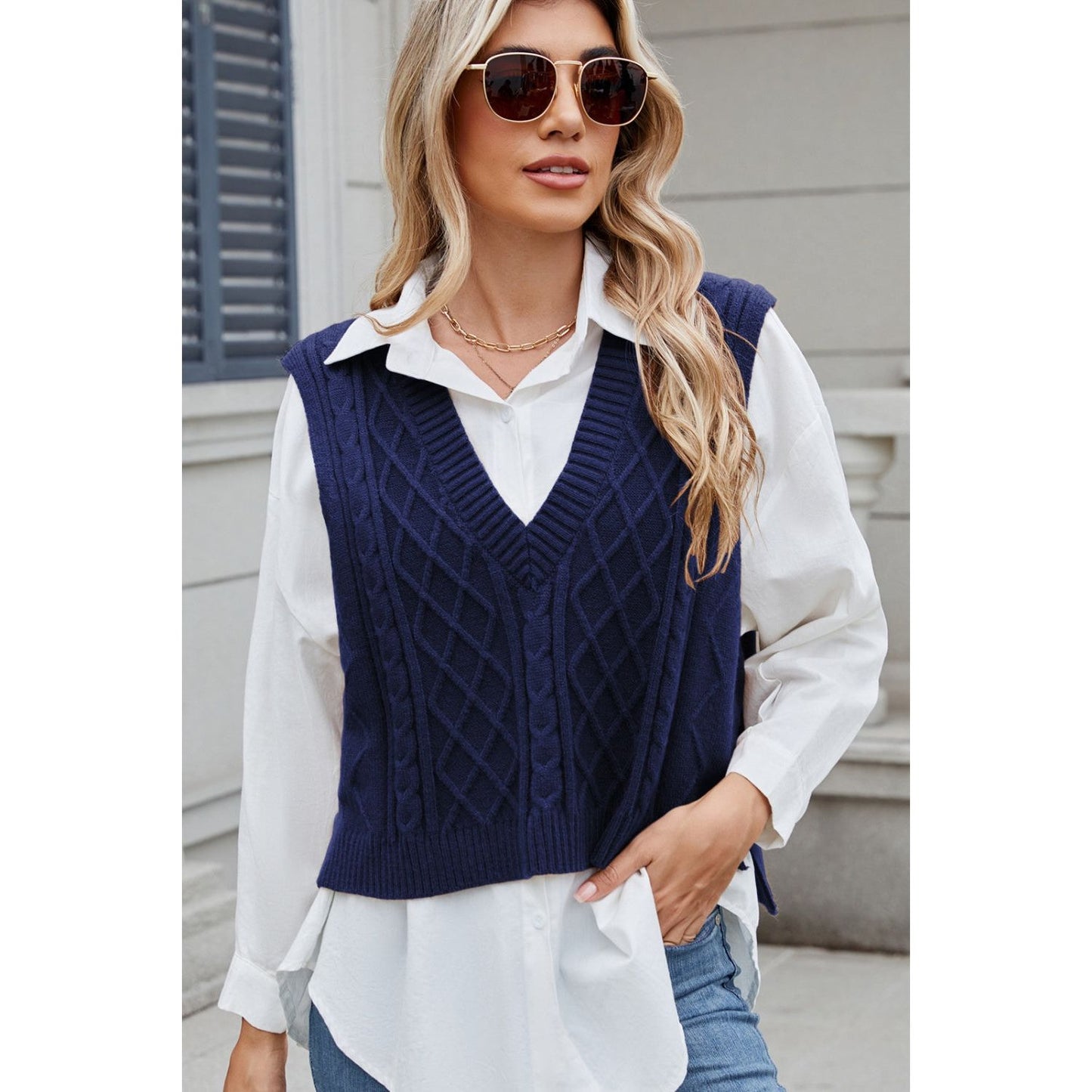 Cable-Knit V-Neck Sweater Vest