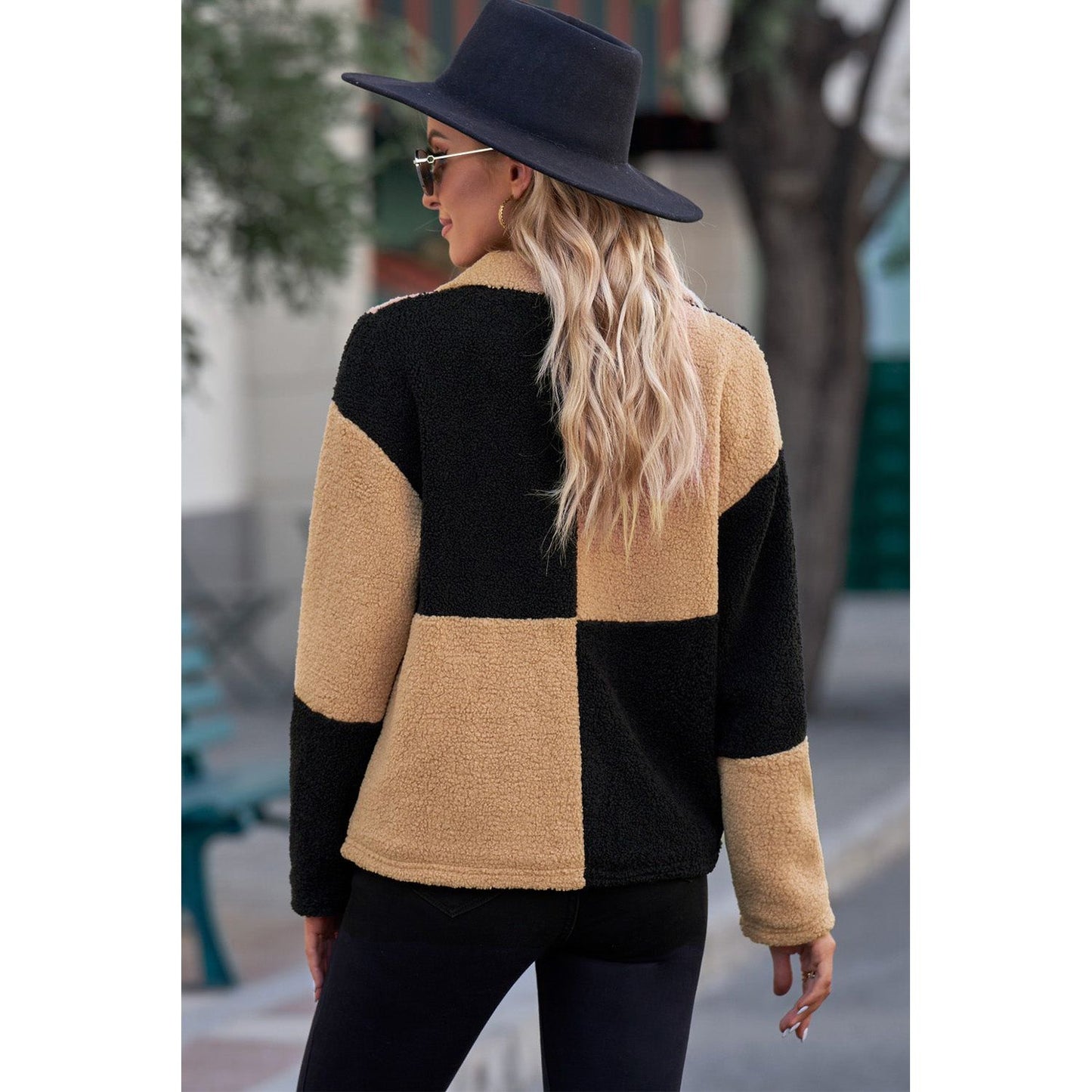 Color Block Snap Down Collared Neck Jacket