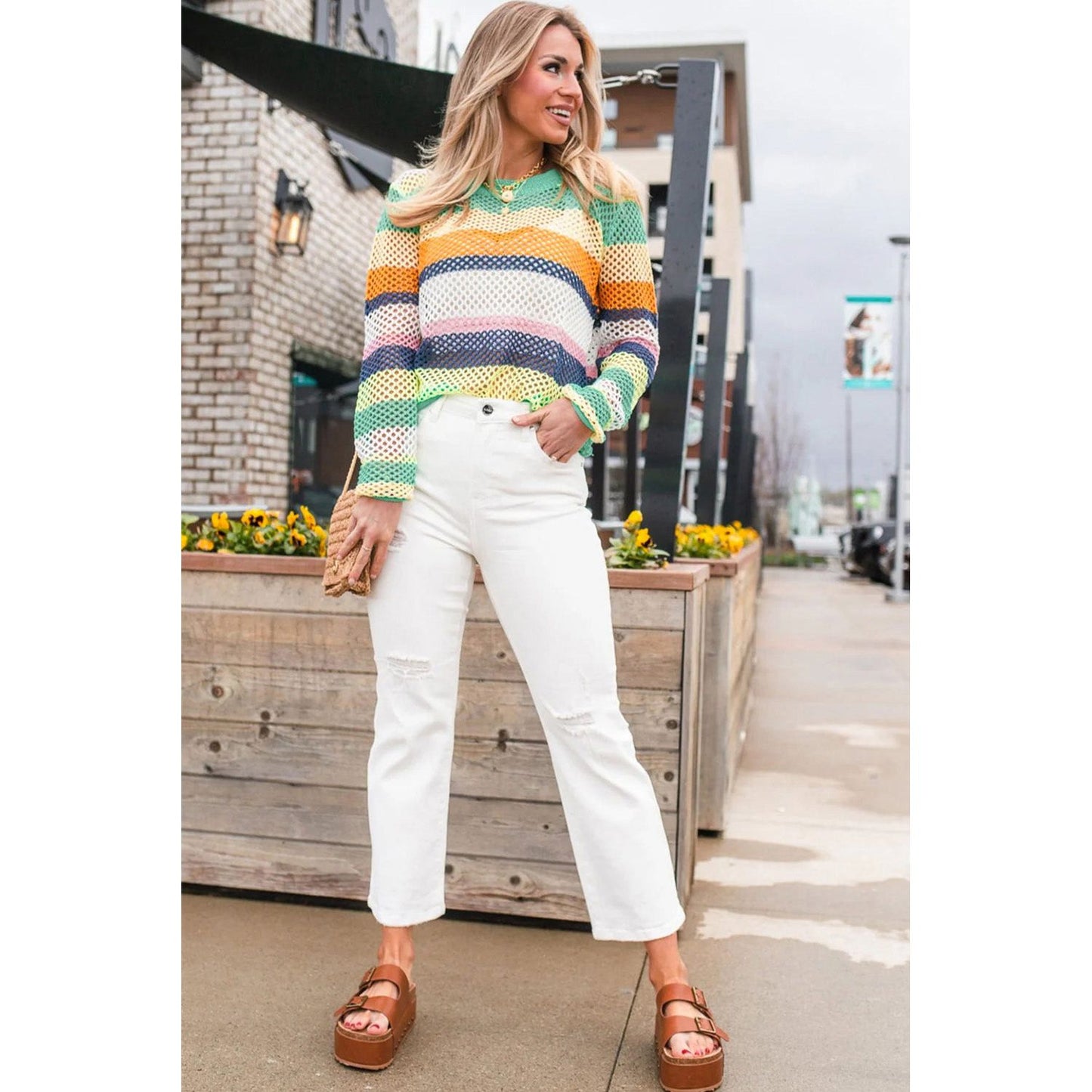 Openwork Contrast Striped Round Neck Knit Top