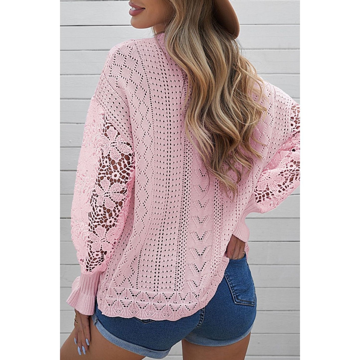 Openwork Round Neck Long Sleeve Sweater