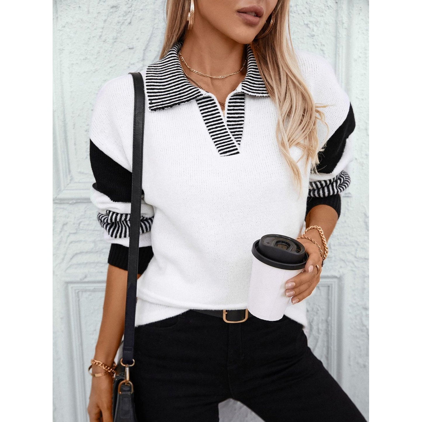 Striped Johnny Collar Drop Shoulder Sweater