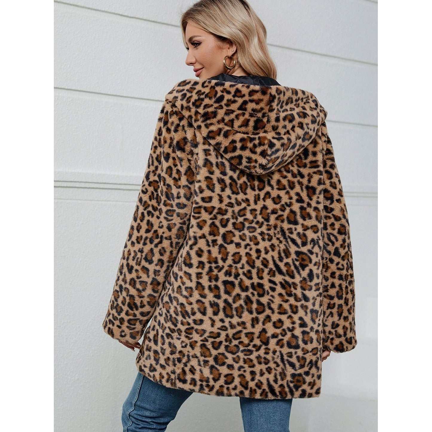 Fuzzy Leopard Hooded Long Sleeve Jacket