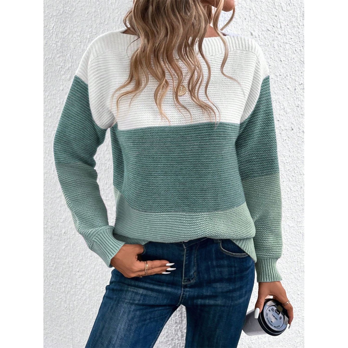 Color Block Drop Shoulder Long Sleeve Sweater
