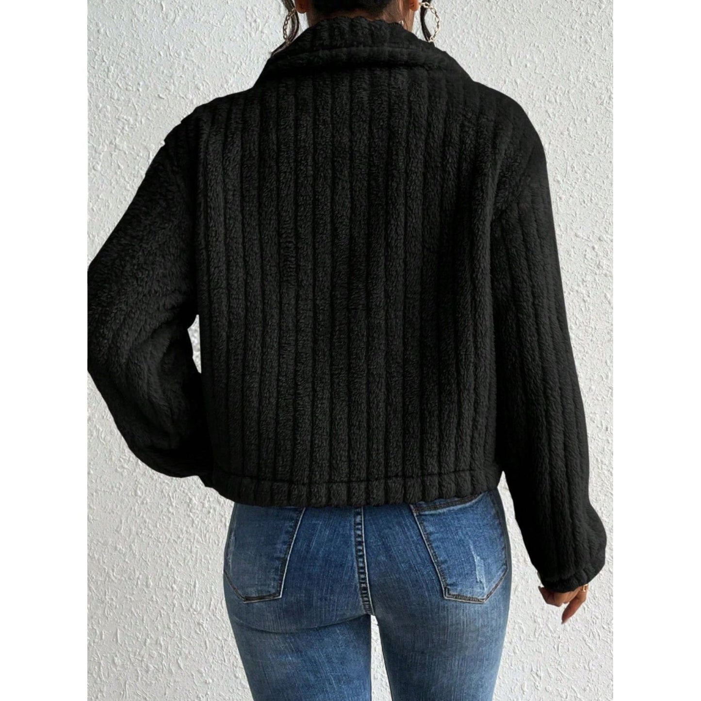 Fuzzy Button Up Collared Neck Jacket