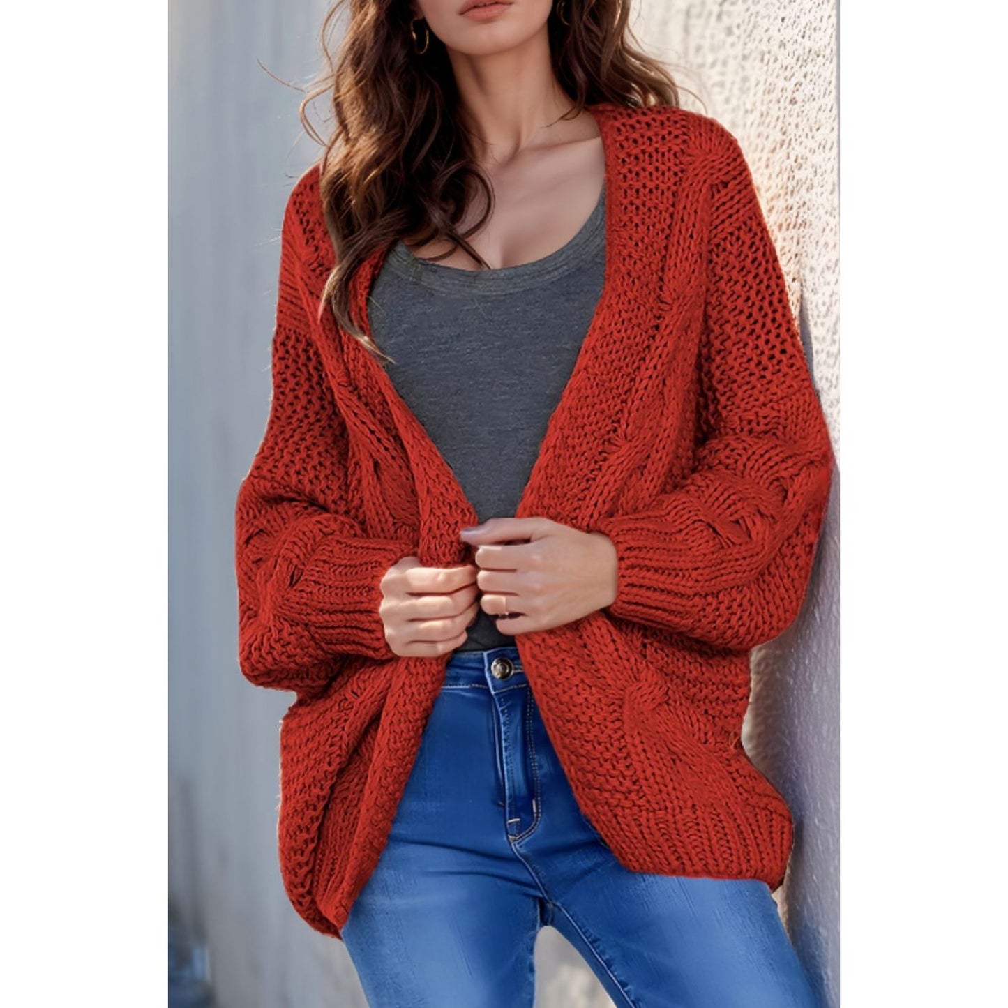 Cable-Knit Open Front Cardigan