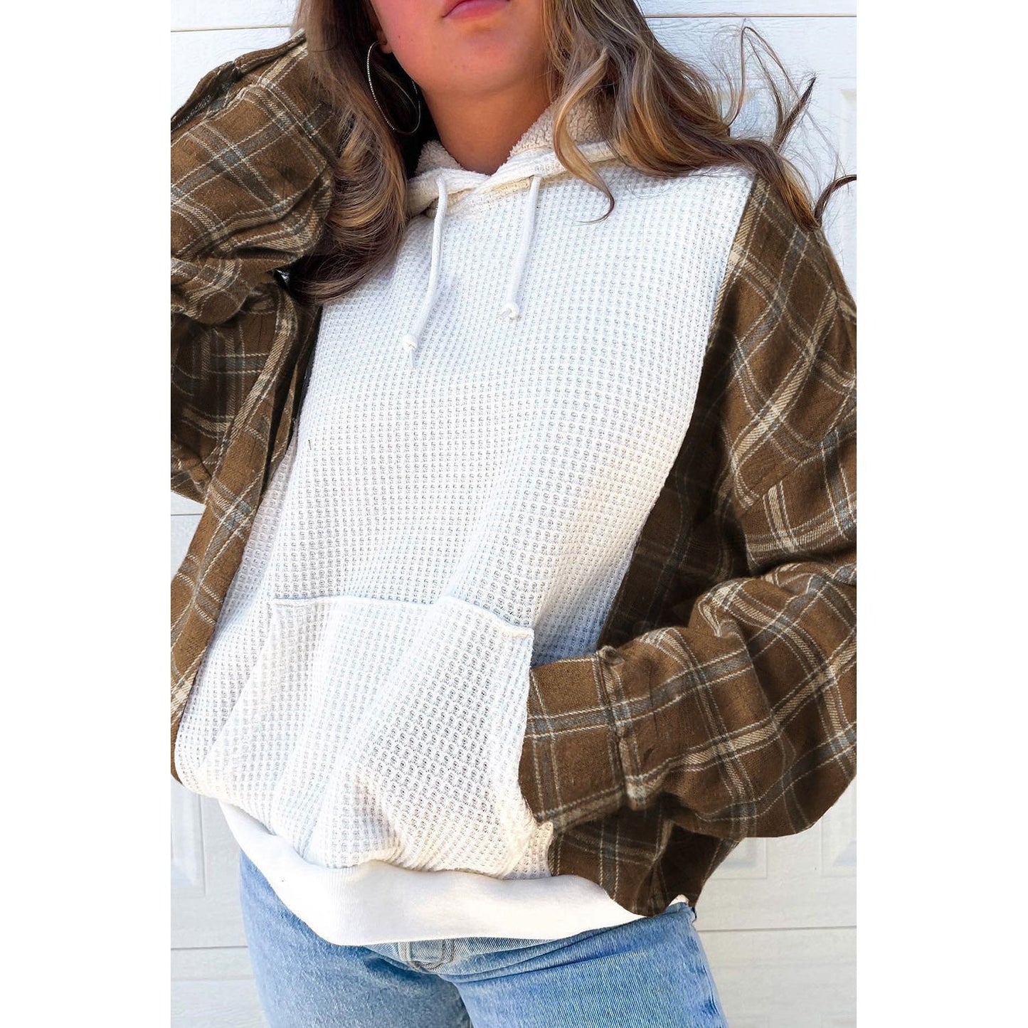 Waffle Knit Plaid Long Sleeve Kangaroo Pocket Hoodie