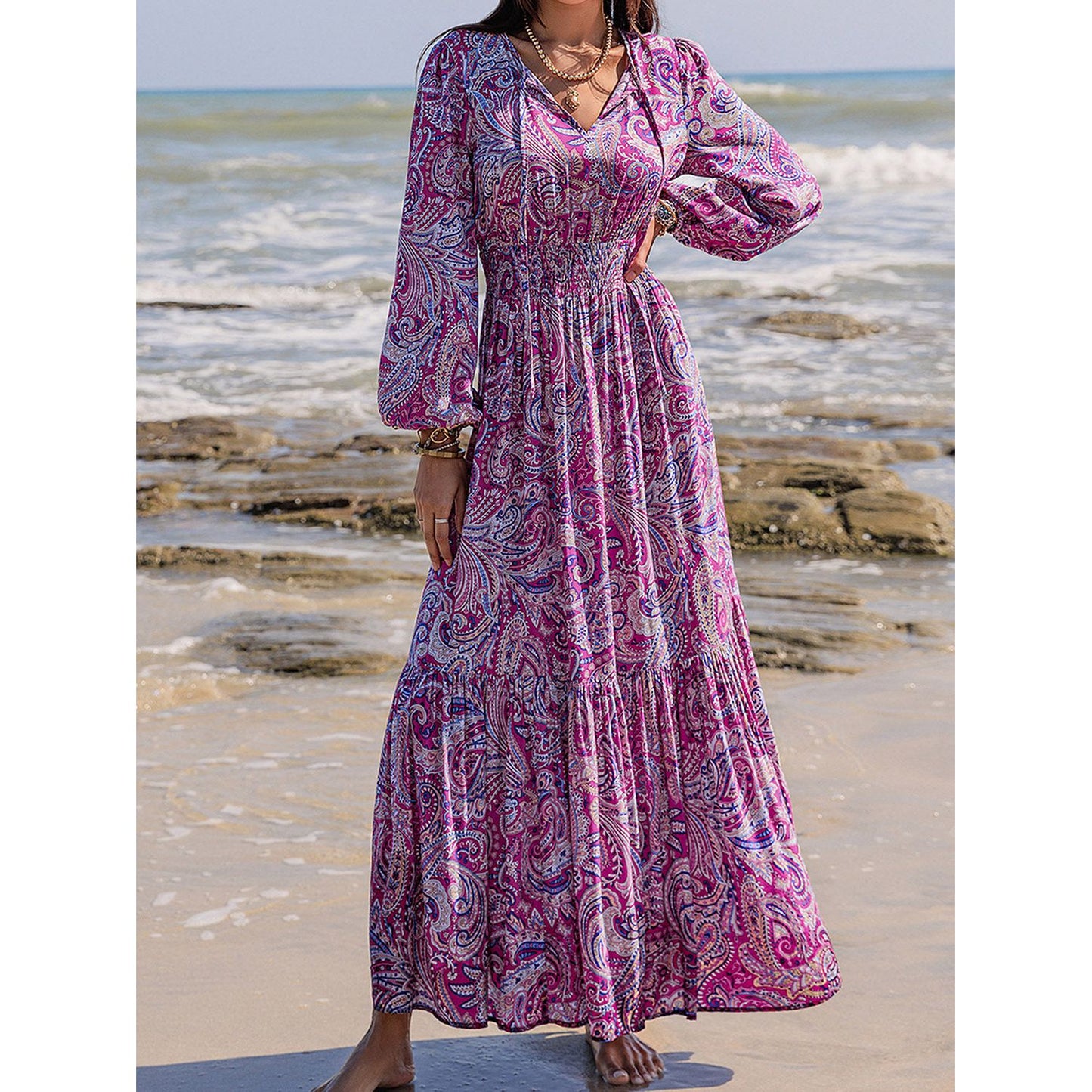 Printed Tie Neck Balloon Sleeve Maxi Dress