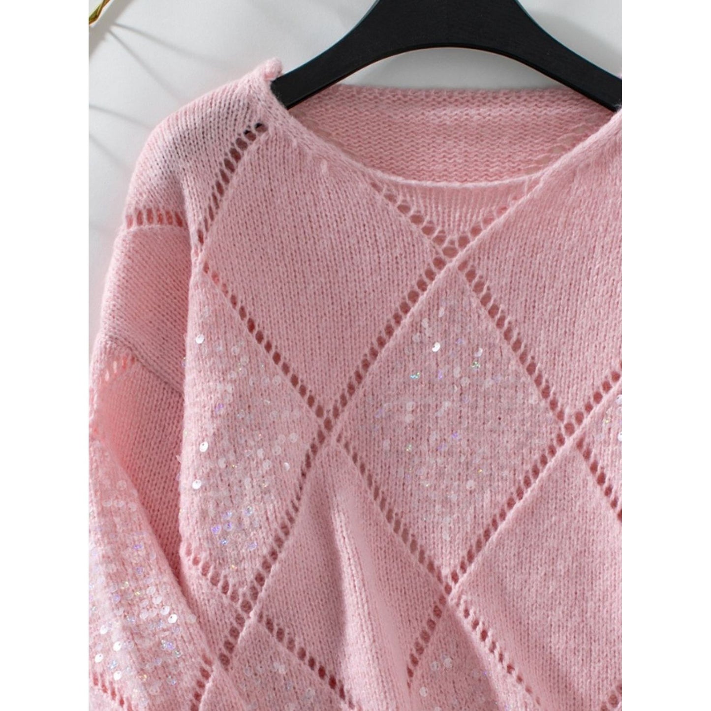 Openwork Round Neck Long Sleeve Knit Top