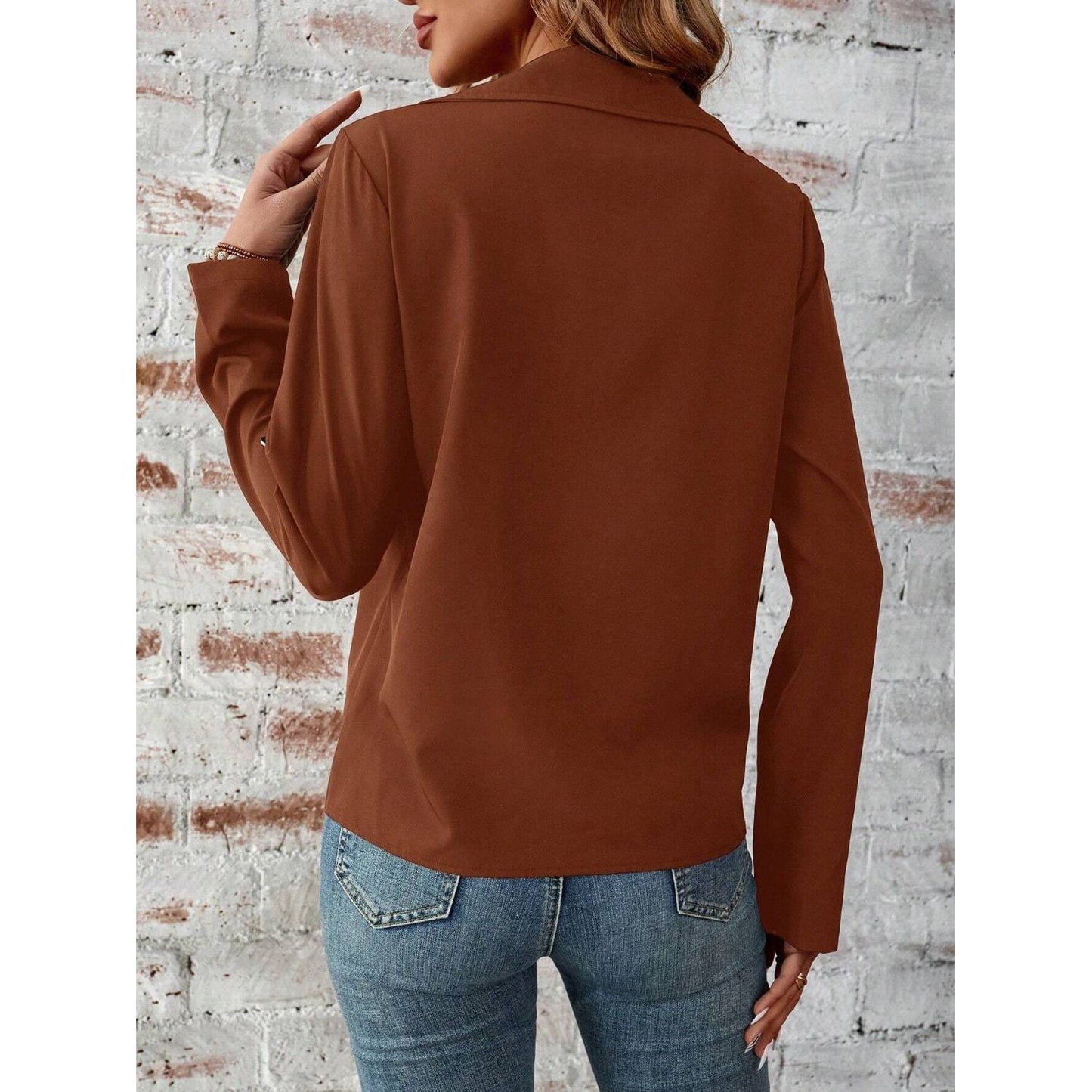 Zip Up Collared Neck Roll-Tab Sleeve Jacket