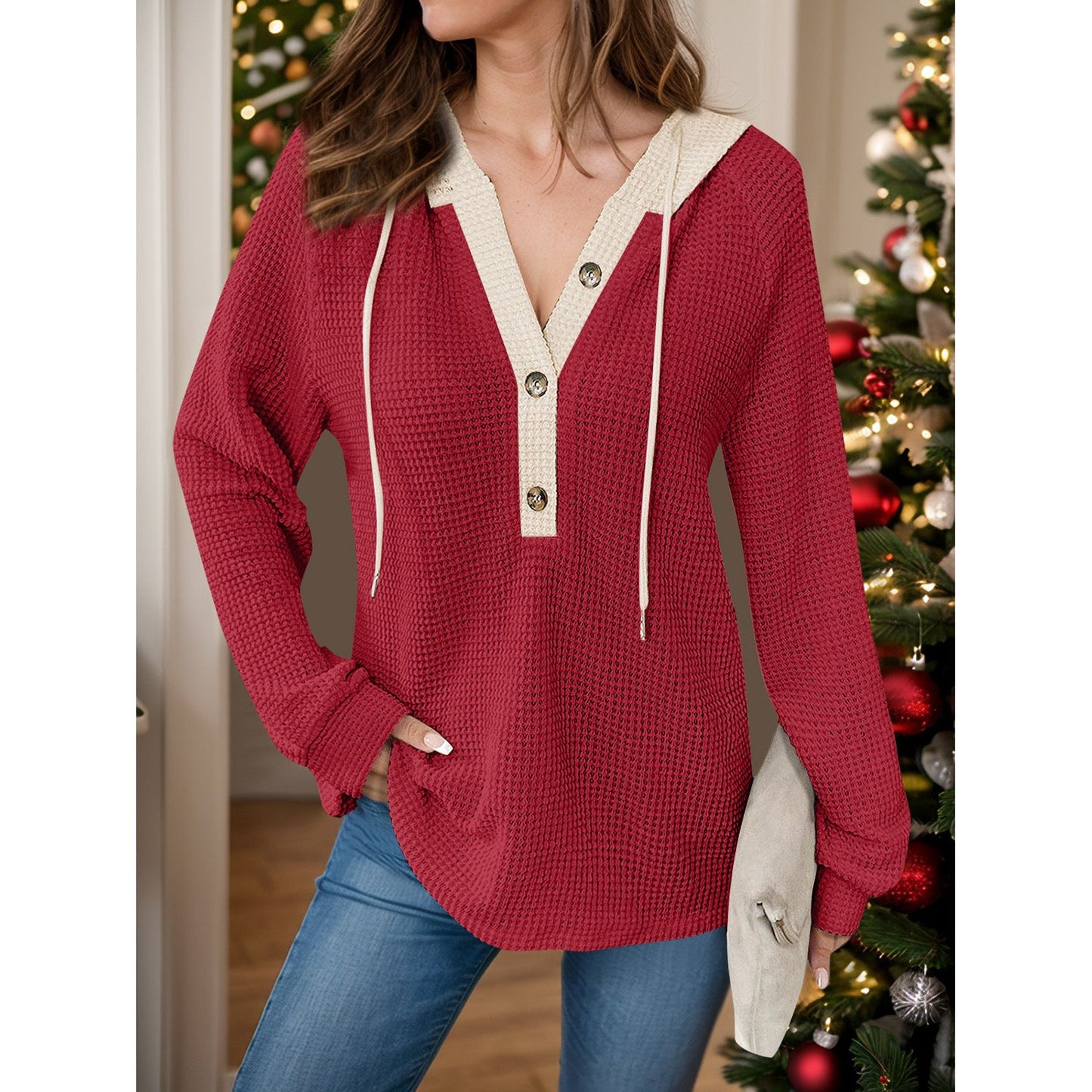 Full Size Waffle-Knit Contrast Long Sleeve Hoodie