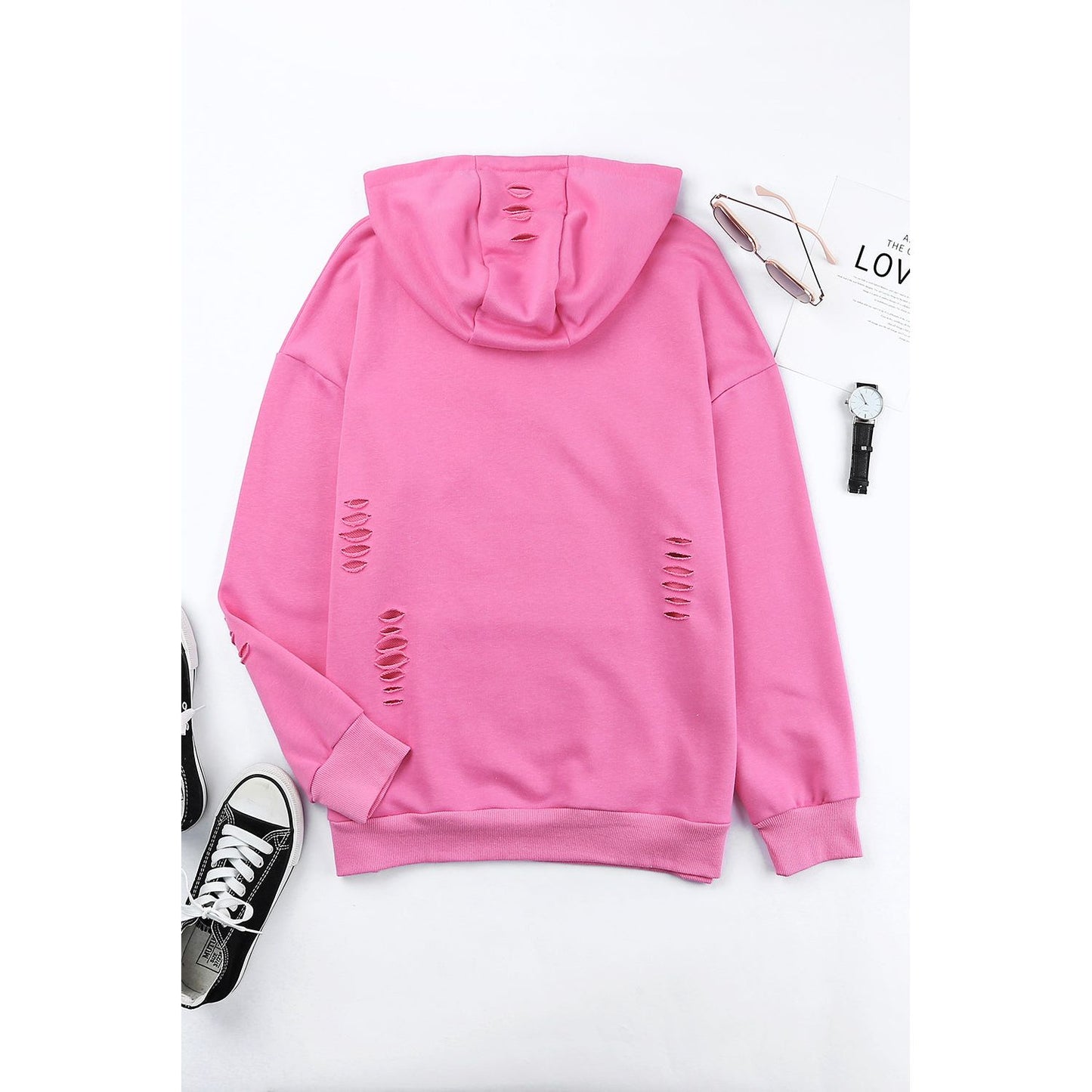 Distressed Drawstring Long Sleeve Hoodie