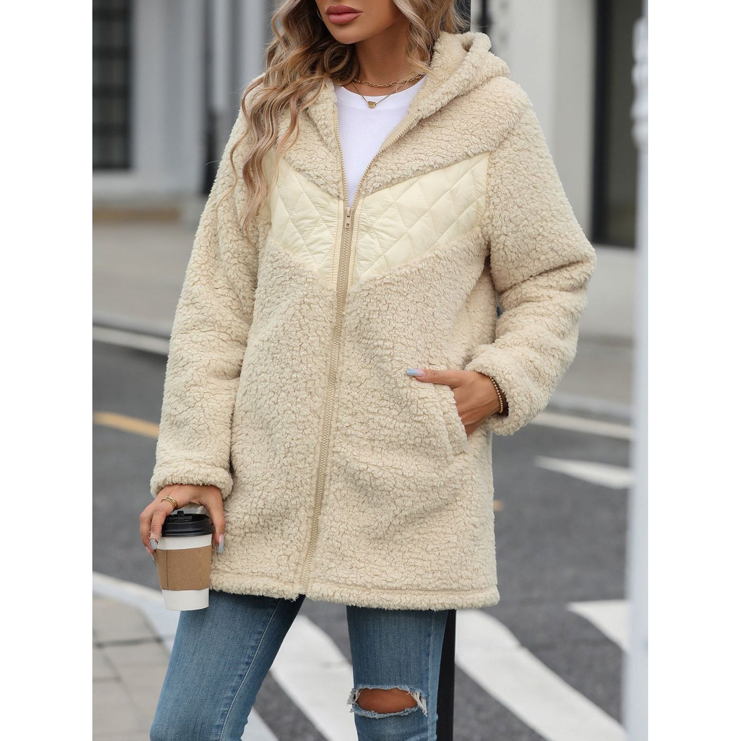 Fuzzy Zip Up Long Sleeve Hooded Jacket