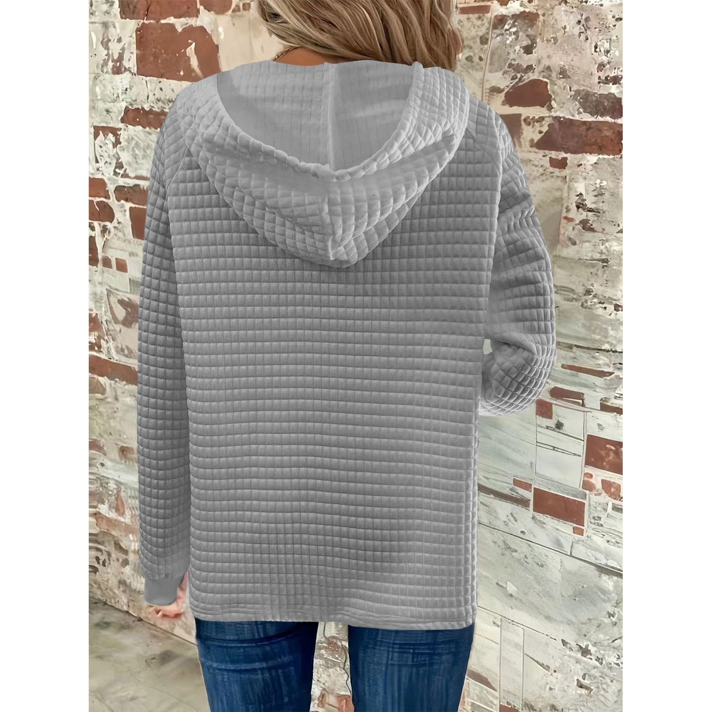 Full Size Texture Button Detail Drawstring Long Sleeve Hoodie
