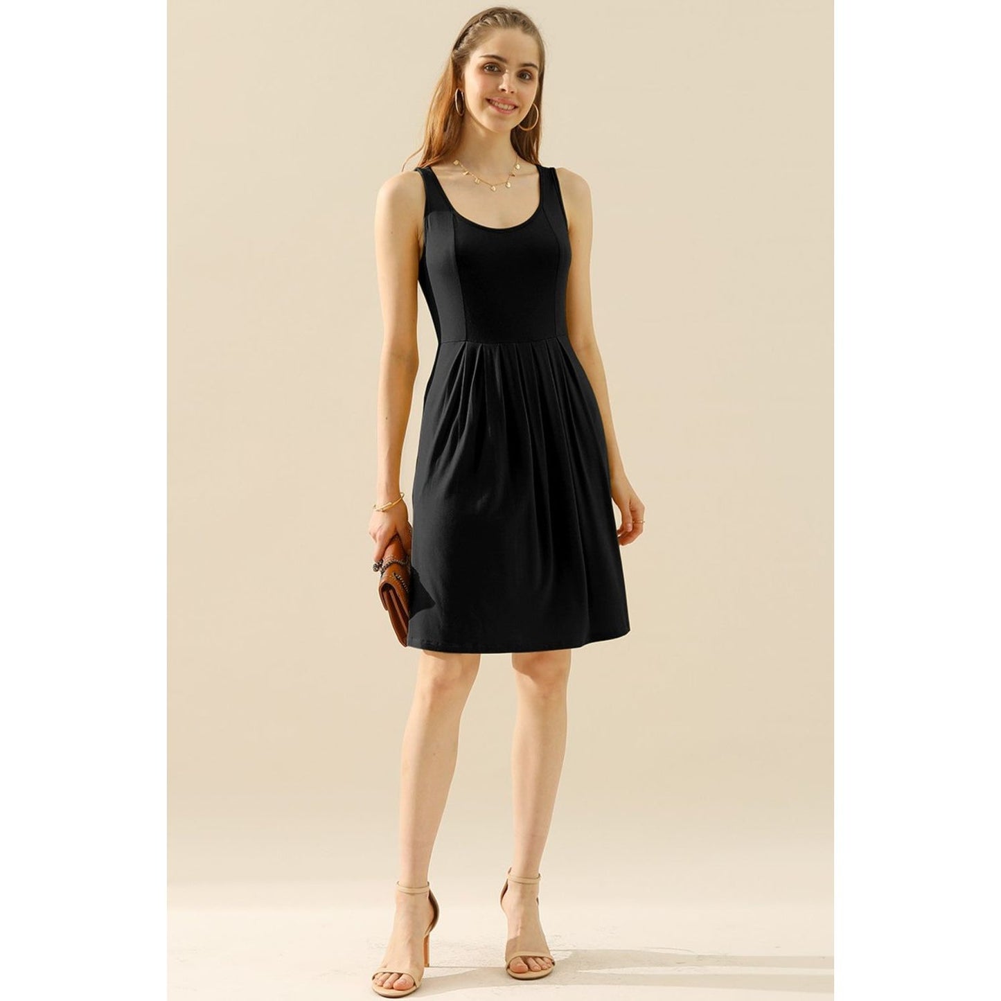 Doublju Full Size Round Neck Ruched Sleeveless Dress with Pockets