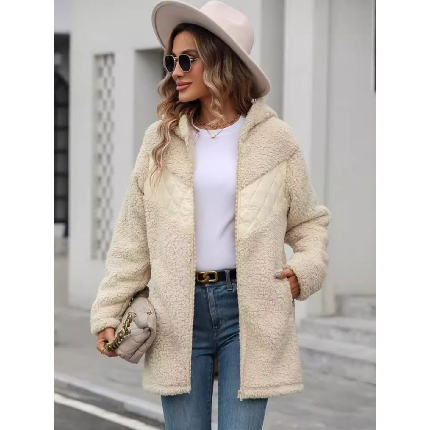 Fuzzy Zip Up Long Sleeve Hooded Jacket