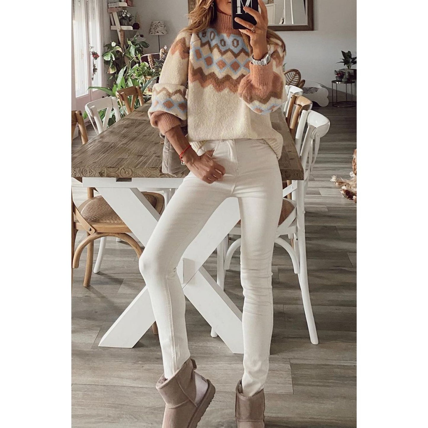 Geometric Mock Neck Long Sleeve Sweater