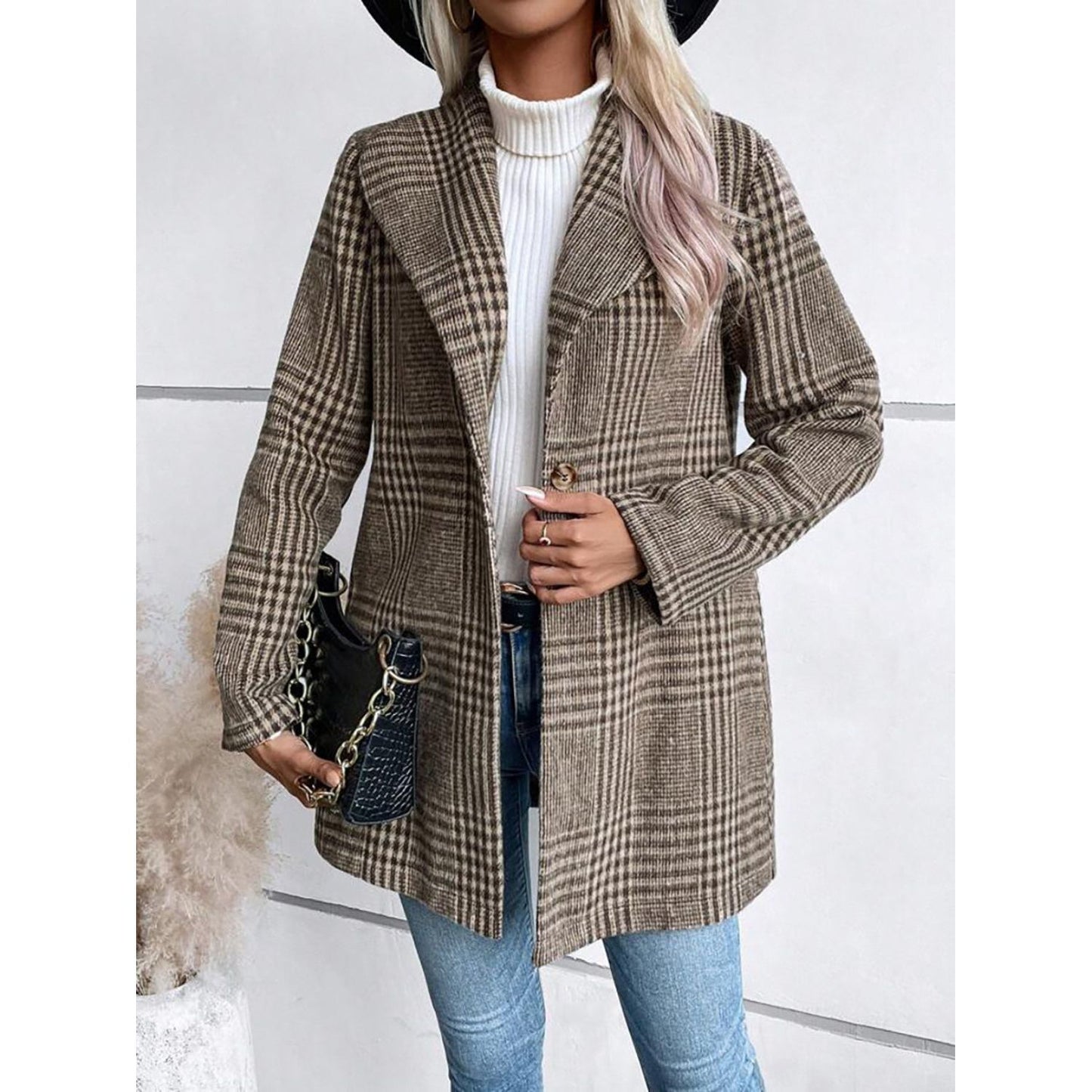 Plaid Collared Neck Long Sleeve Jacket