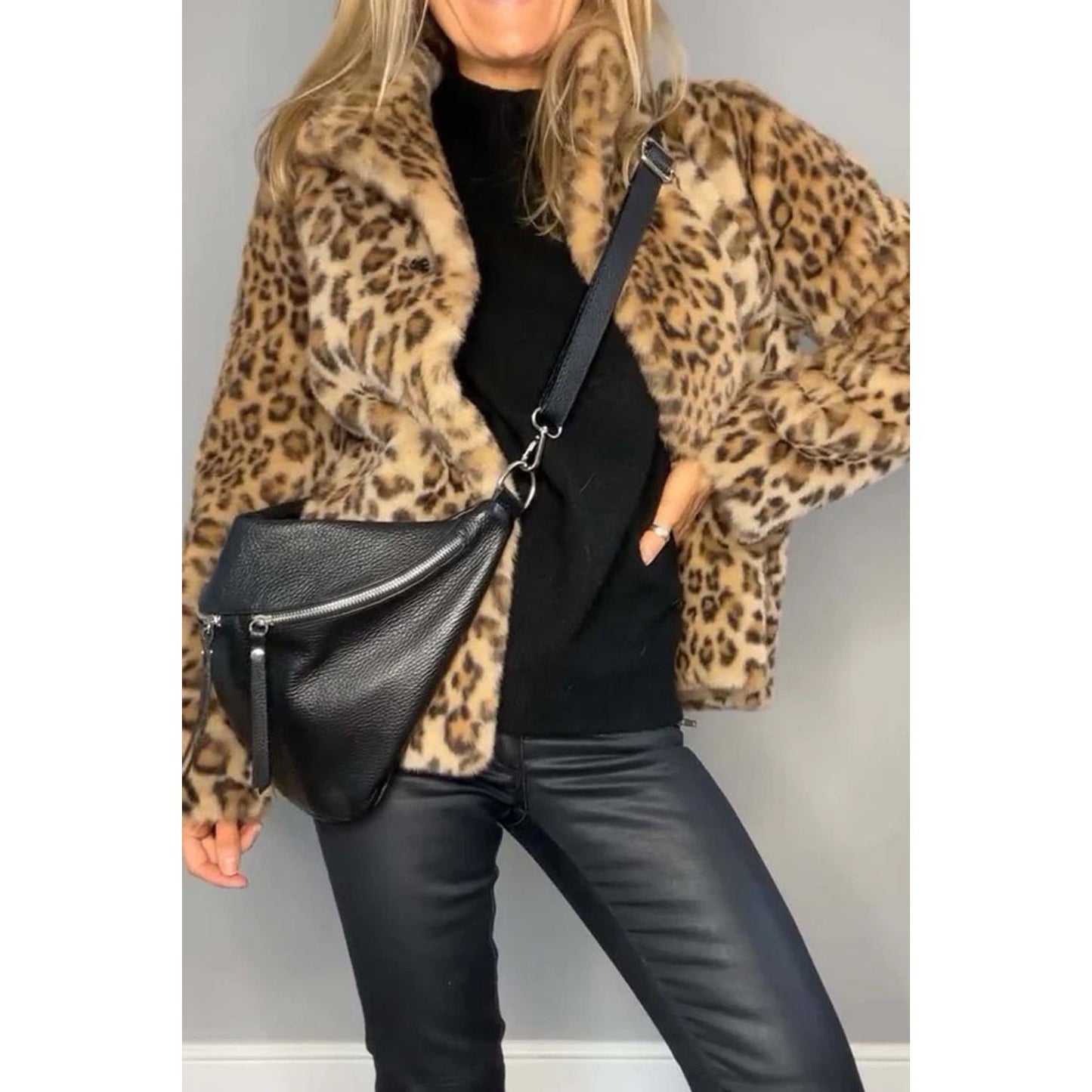 Full Size Leopard Furry Collared Neck Long Sleeve Coat