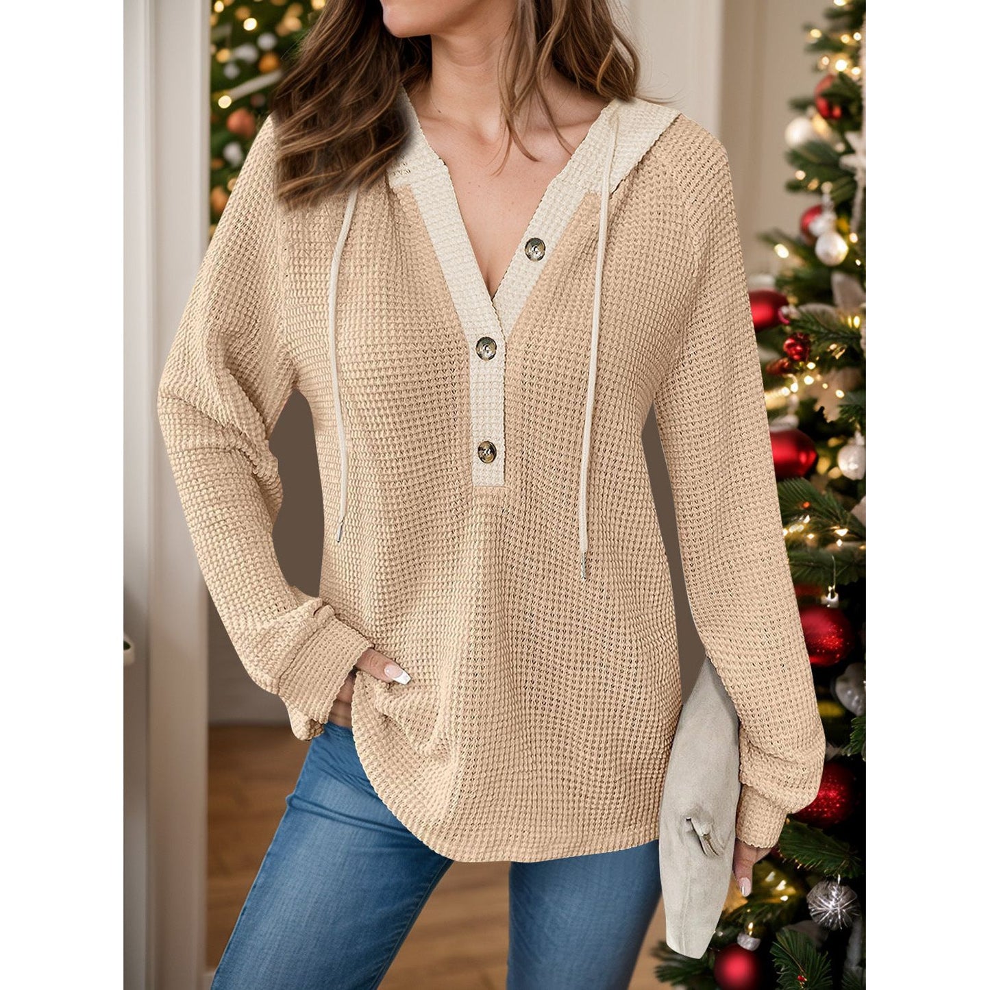 Full Size Waffle-Knit Contrast Long Sleeve Hoodie