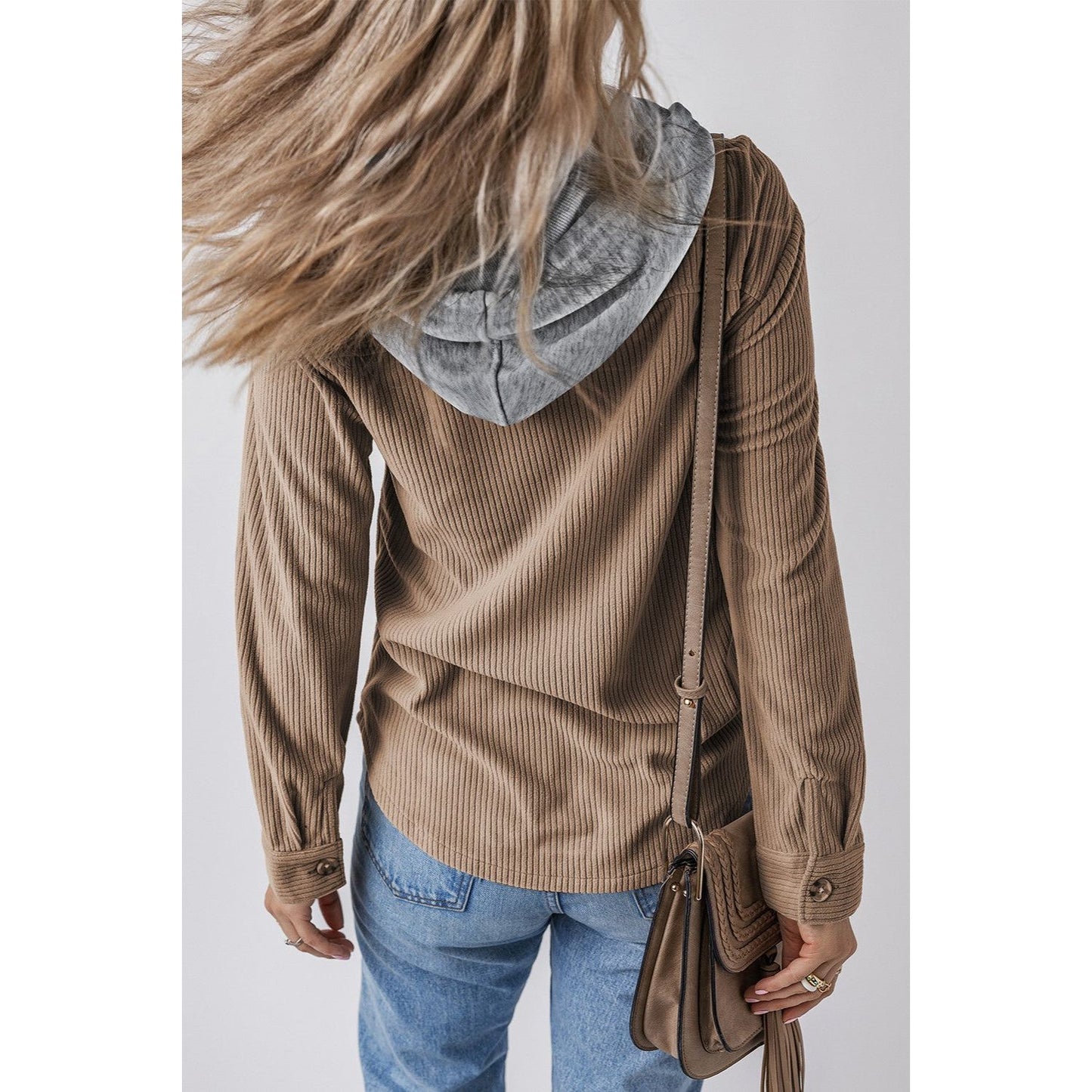 Drawstring Button Up Long Sleeve Hooded Jacket