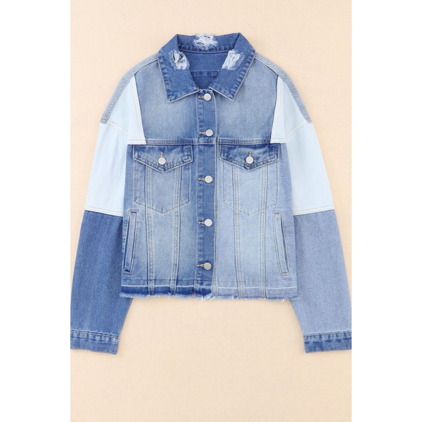 Distressed Button Up Drop Shoulder Denim Jacket