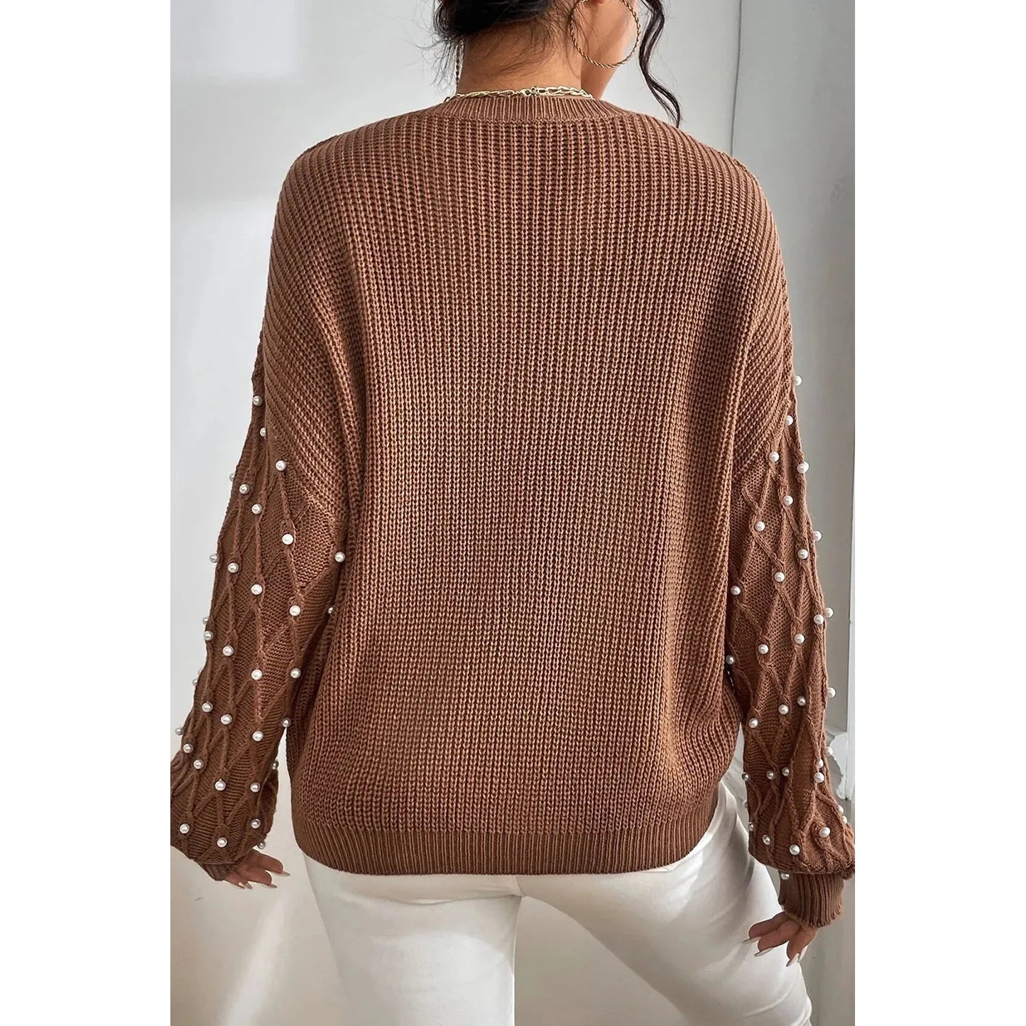 Pearl Detail Round Neck Long Sleeve Sweater