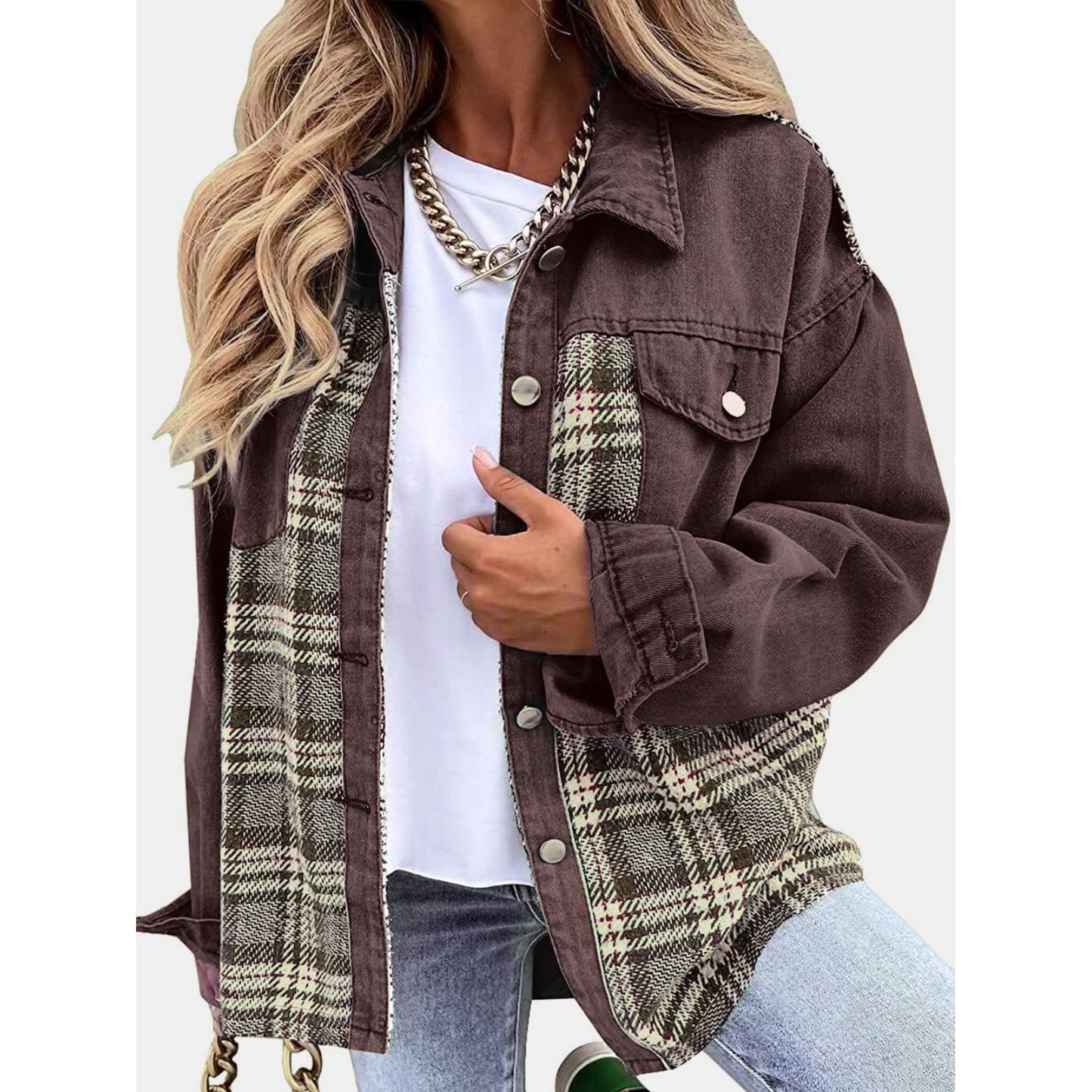 Plaid Button Up Dropped Shoulder Jacket