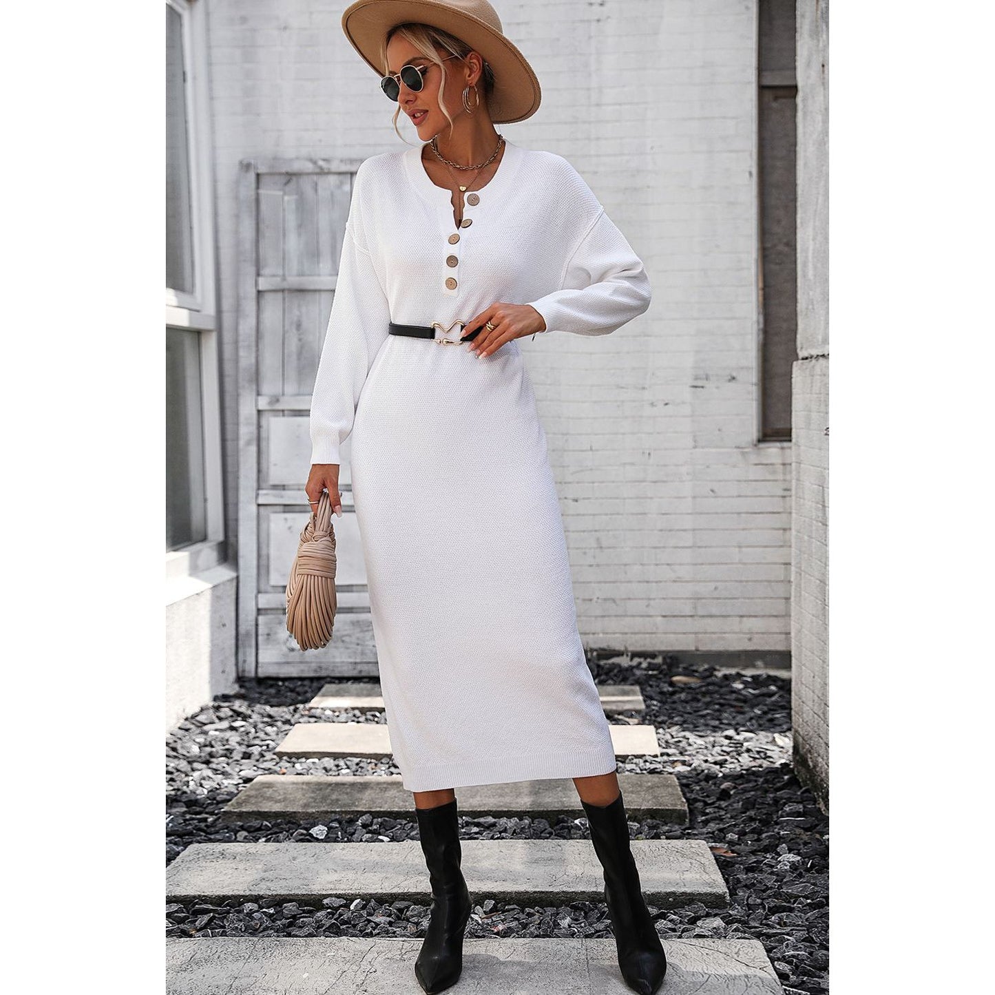 Decorative Button Notched Dropped Shoulder Sweater Dress