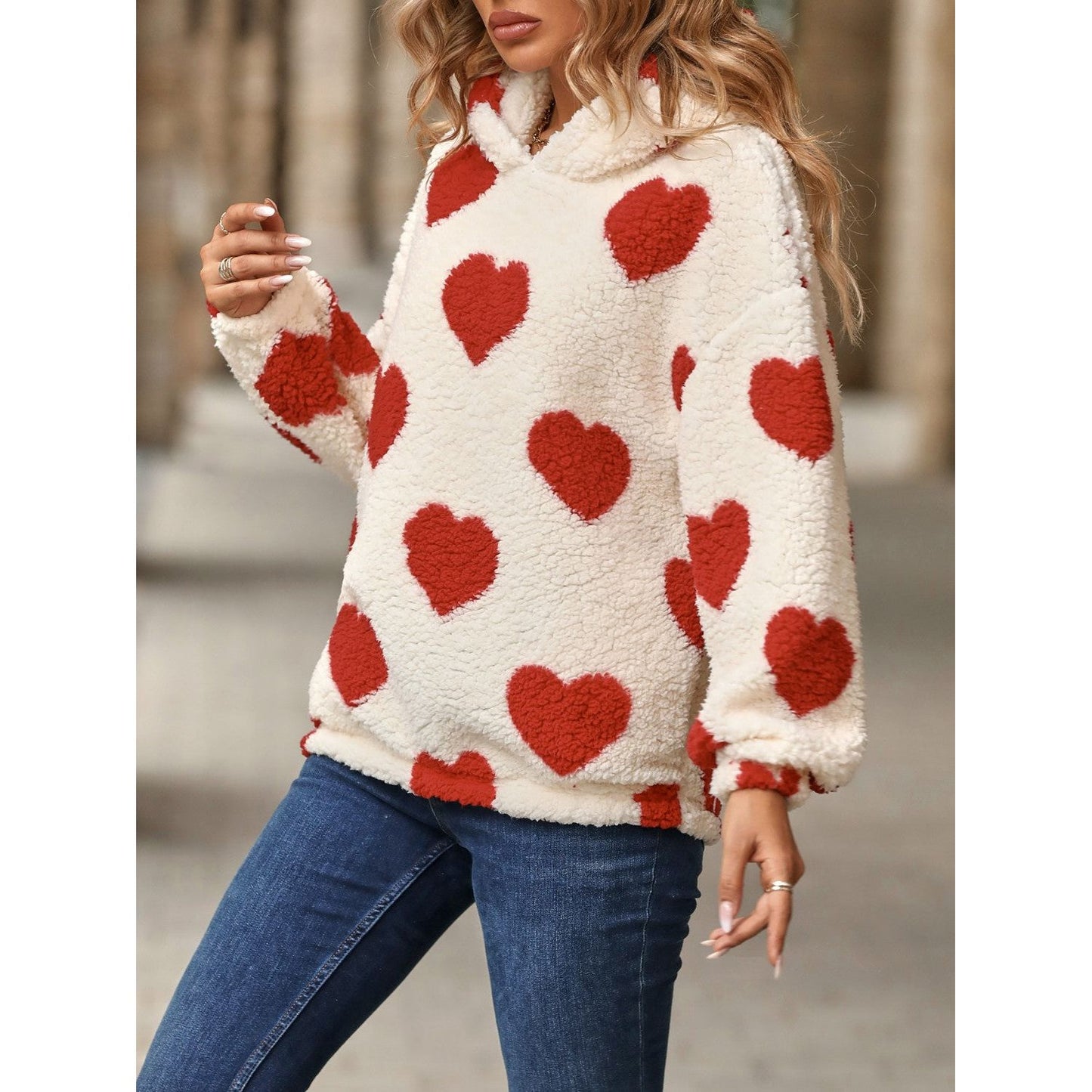 Fuzzy Heart Pocketed Dropped Shoulder Hoodie