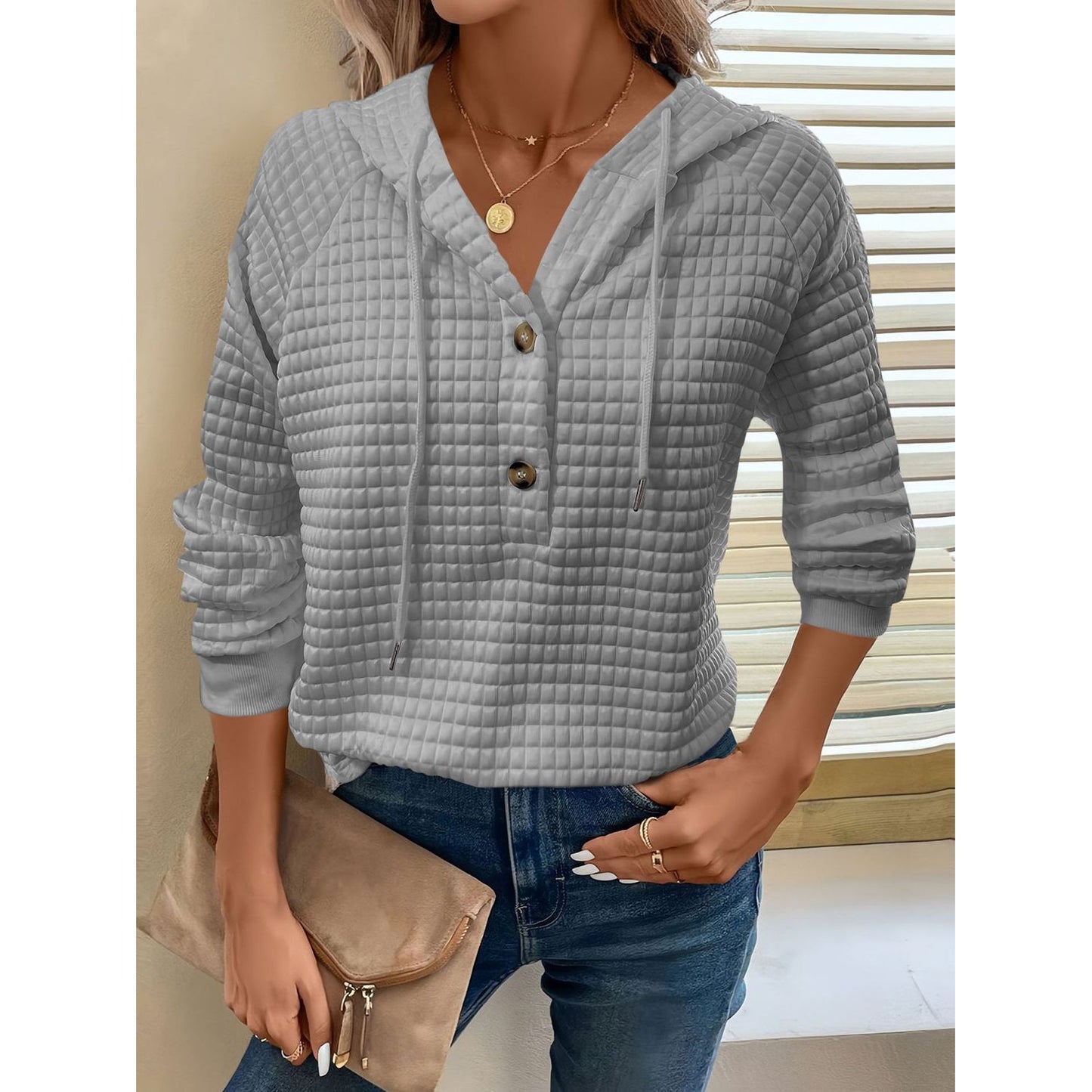 Full Size Texture Button Detail Drawstring Long Sleeve Hoodie