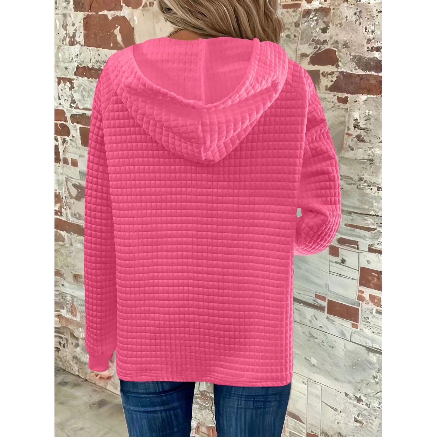 Full Size Texture Button Detail Drawstring Long Sleeve Hoodie