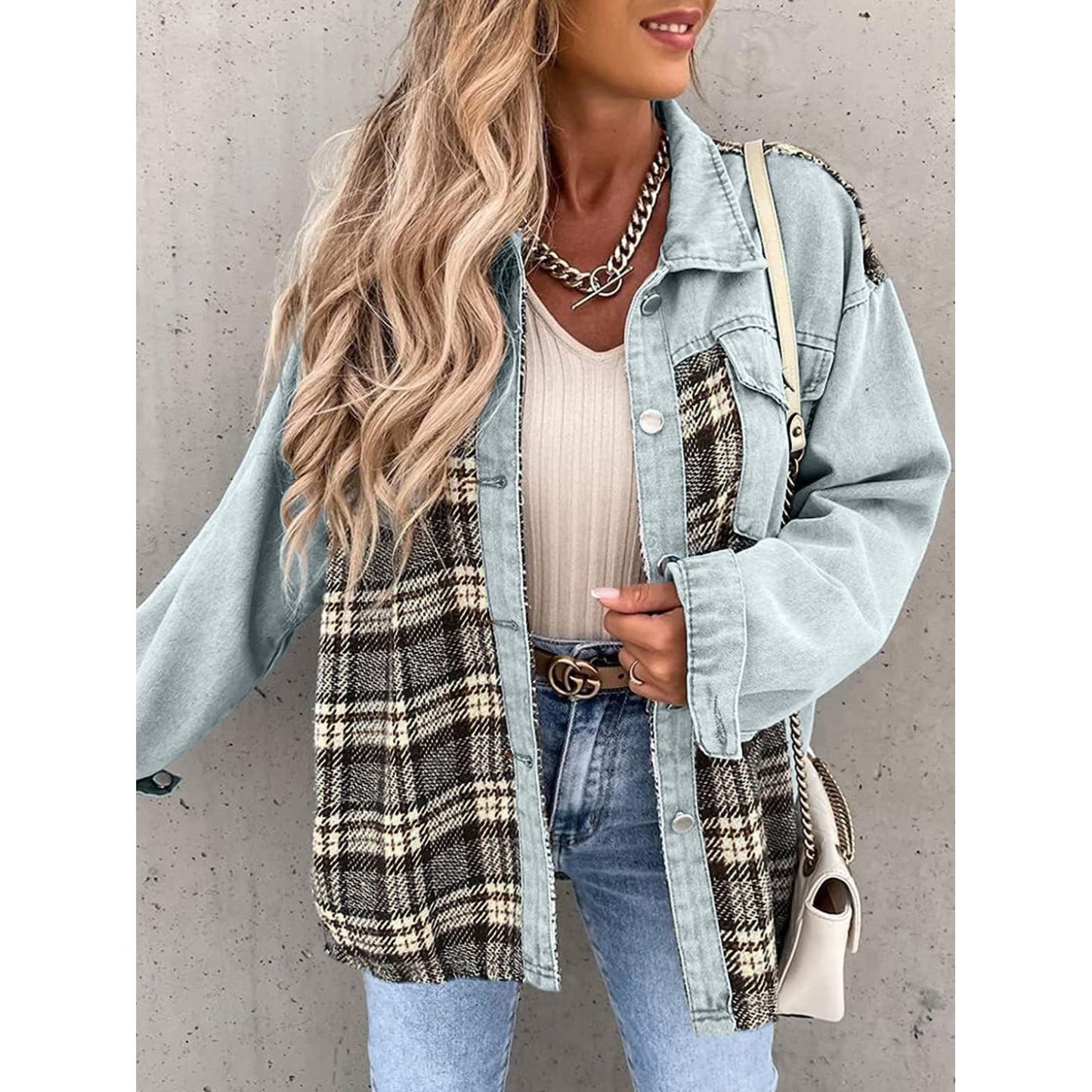 Plaid Button Up Dropped Shoulder Jacket