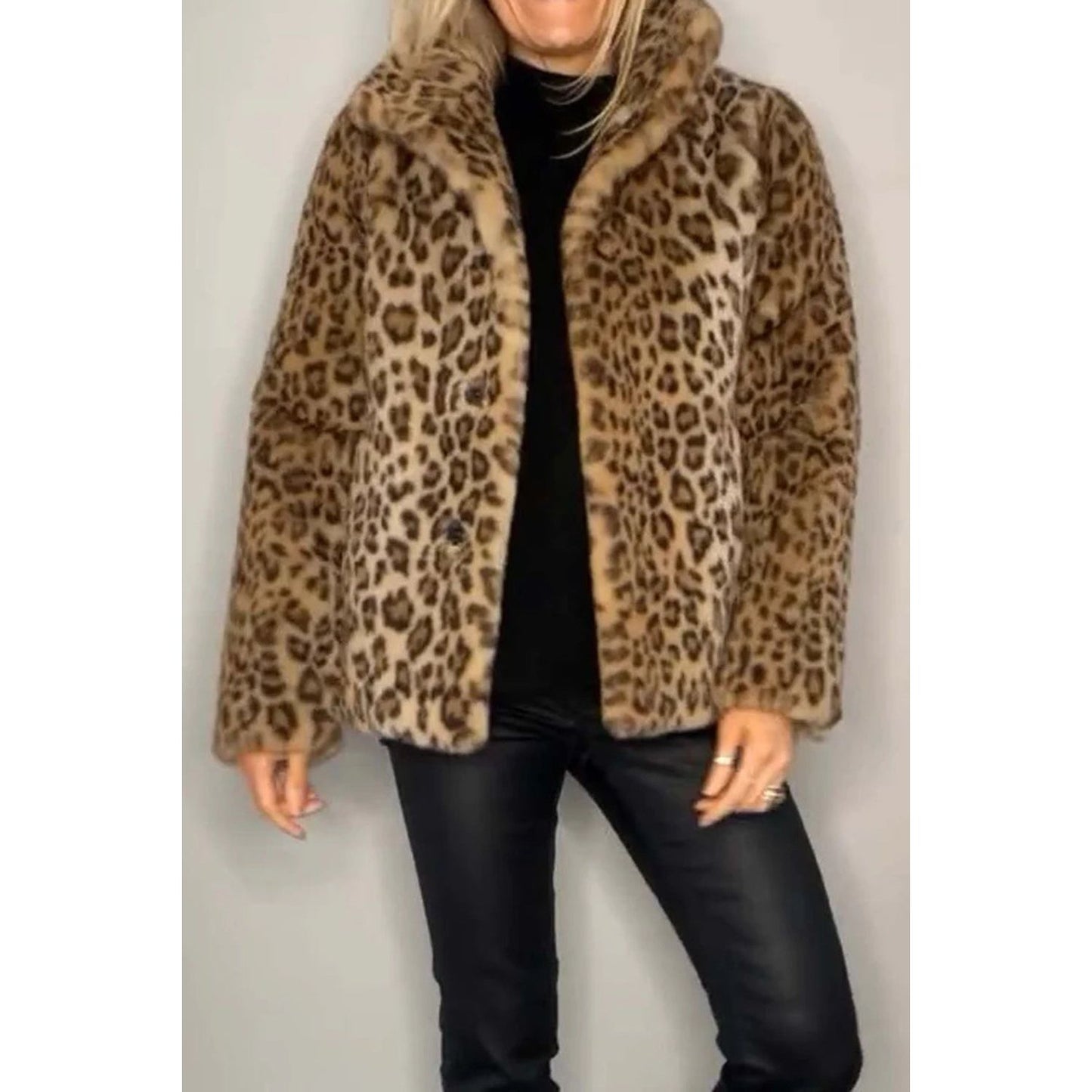 Full Size Leopard Furry Collared Neck Long Sleeve Coat