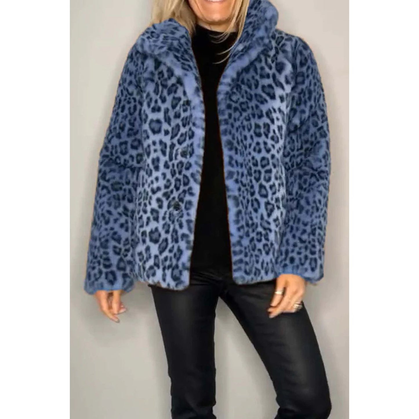 Full Size Leopard Furry Collared Neck Long Sleeve Coat