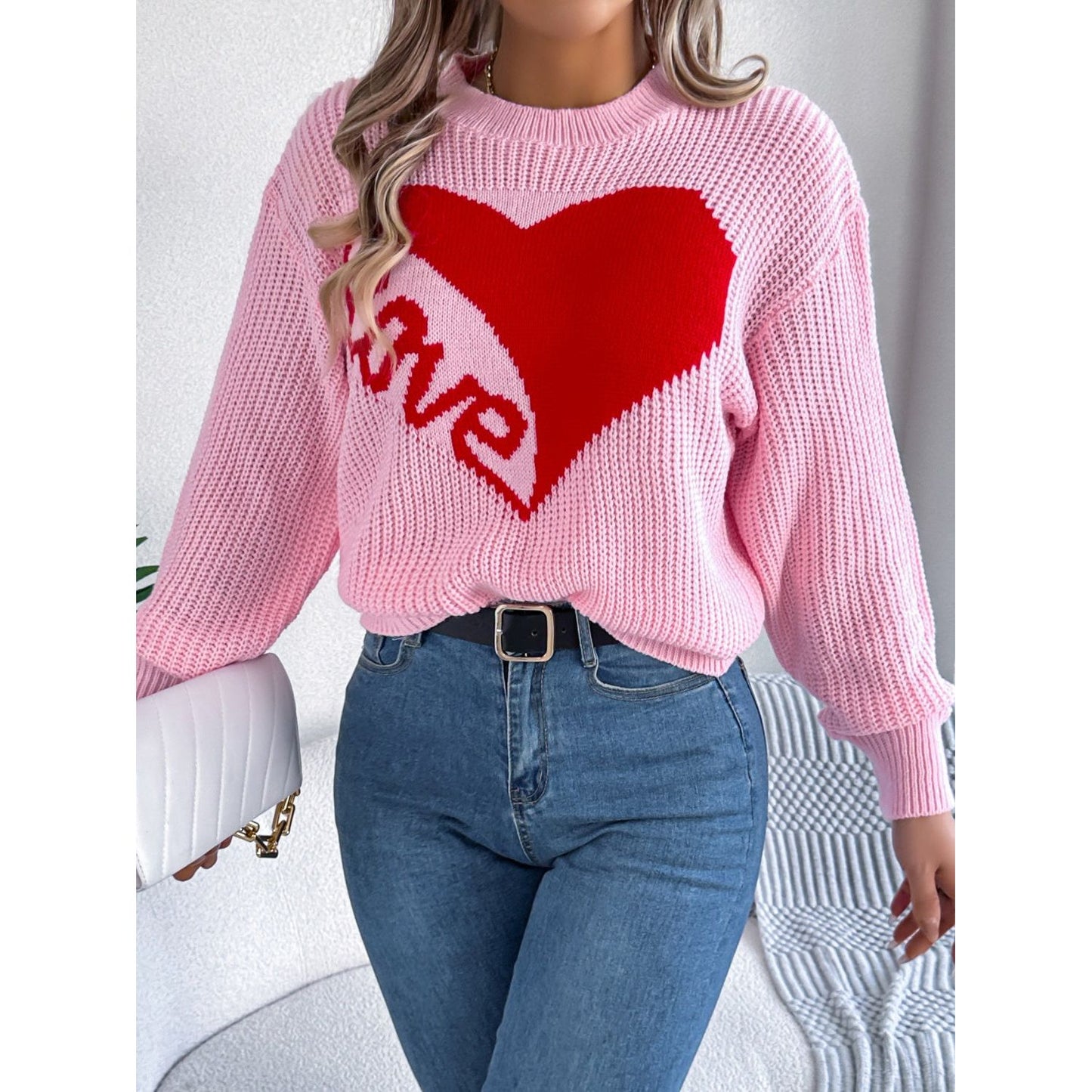 LOVE Heart Round Neck Dropped Shoulder Sweater