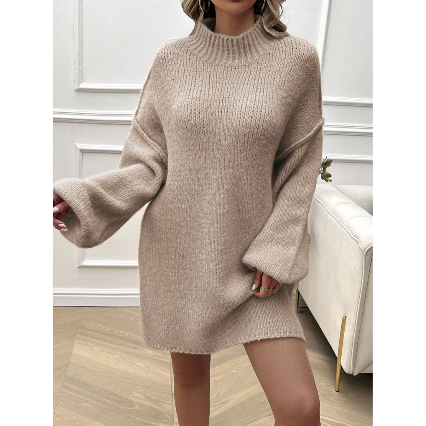 Devine Mock Neck Long Sleeve Mini Sweater Dress