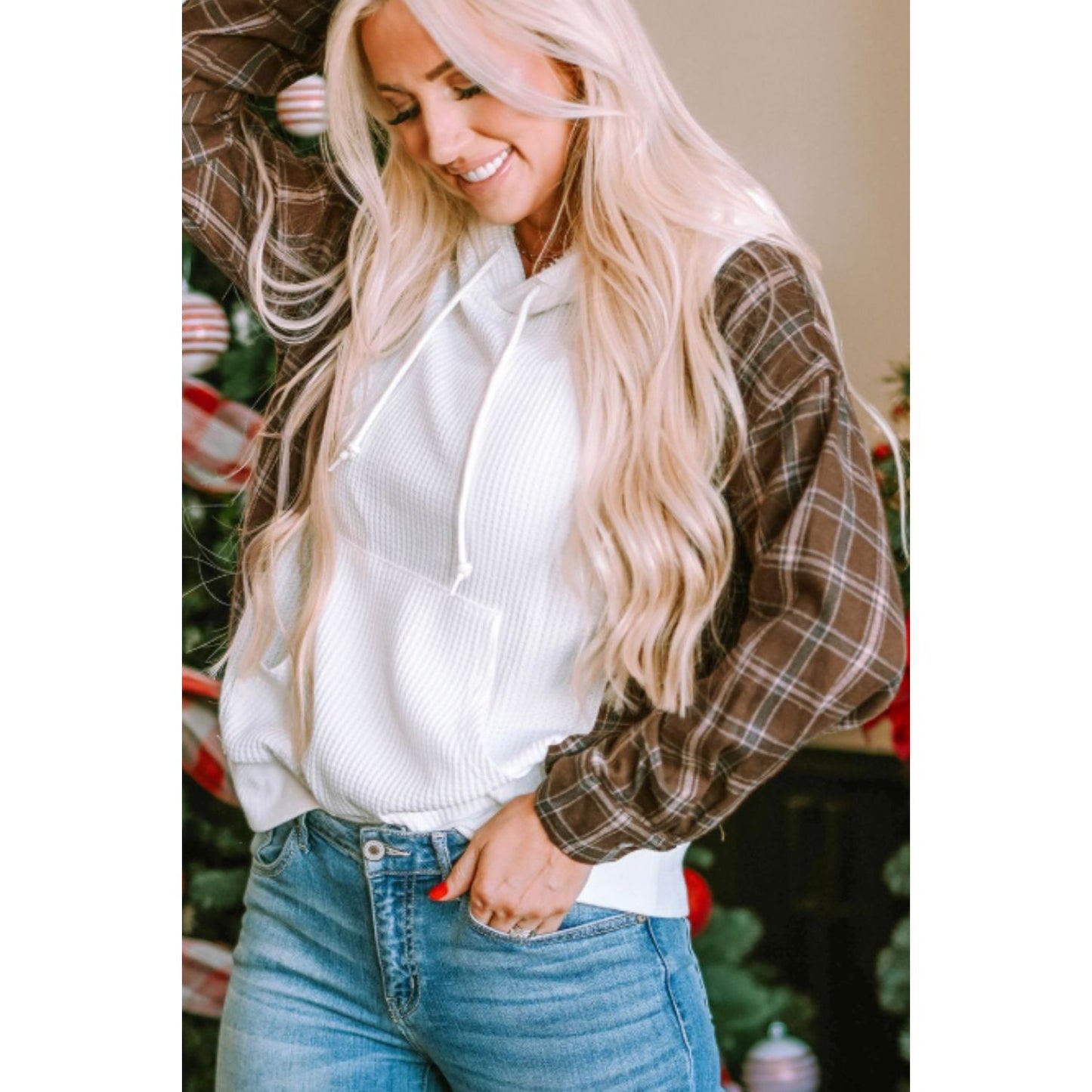 Waffle Knit Plaid Long Sleeve Kangaroo Pocket Hoodie