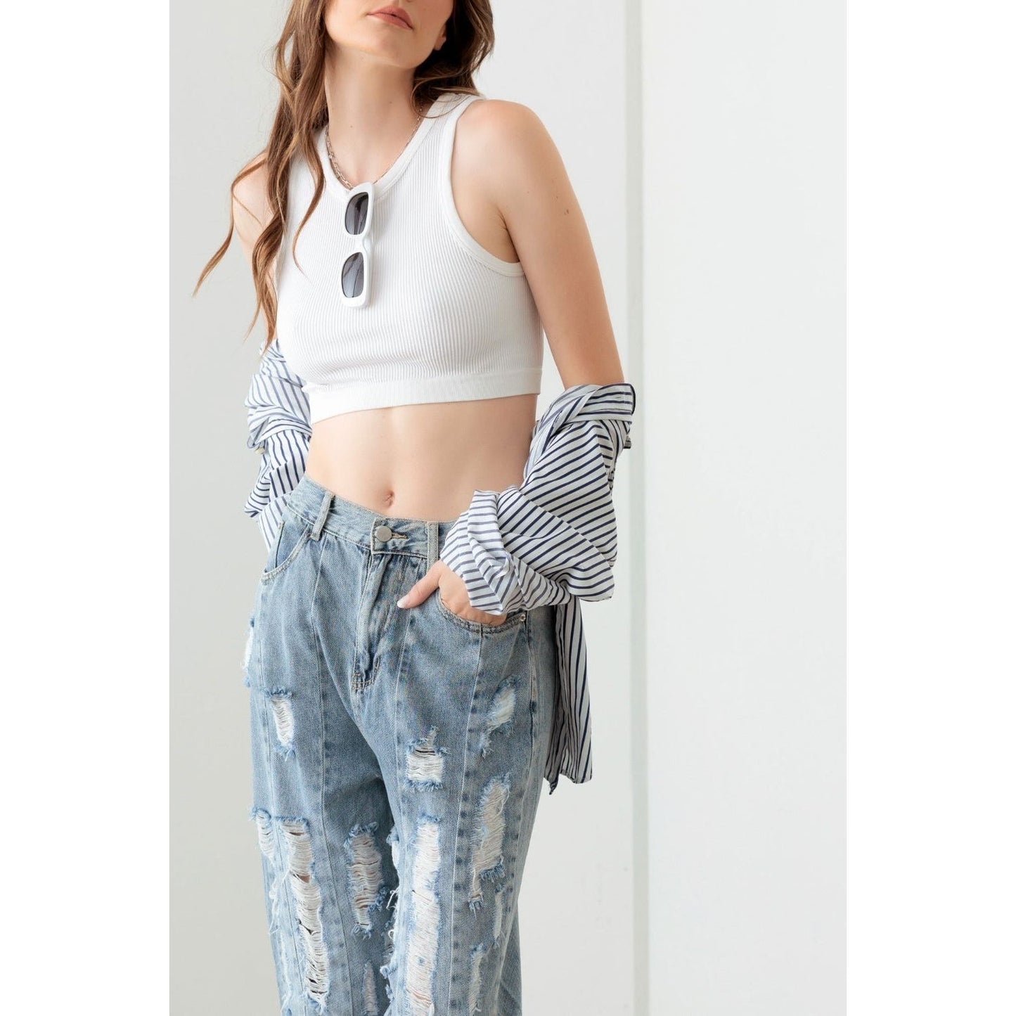 Litz La Washed Barrel Leg High Waist Distressed Jeans