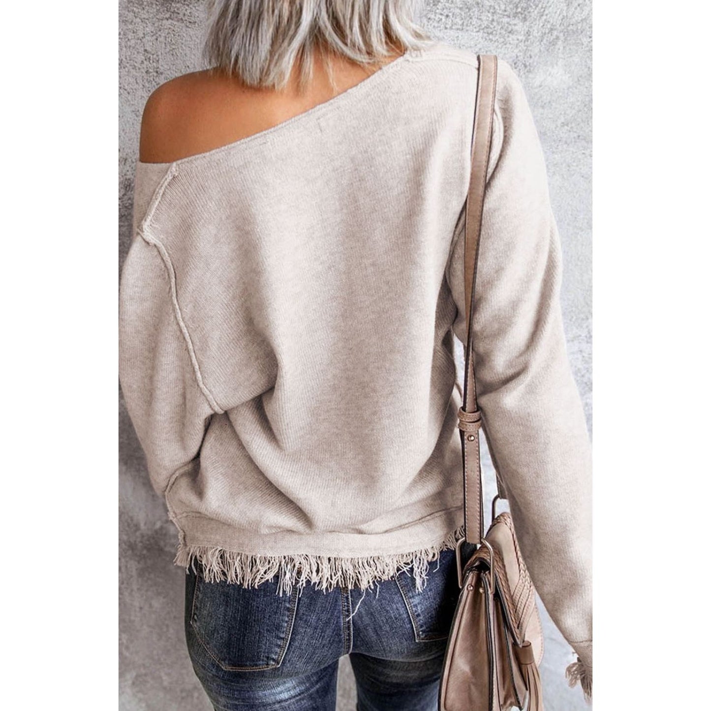 Exposed Seam Fringe Hem V-Neck Long Sleeve Sweater