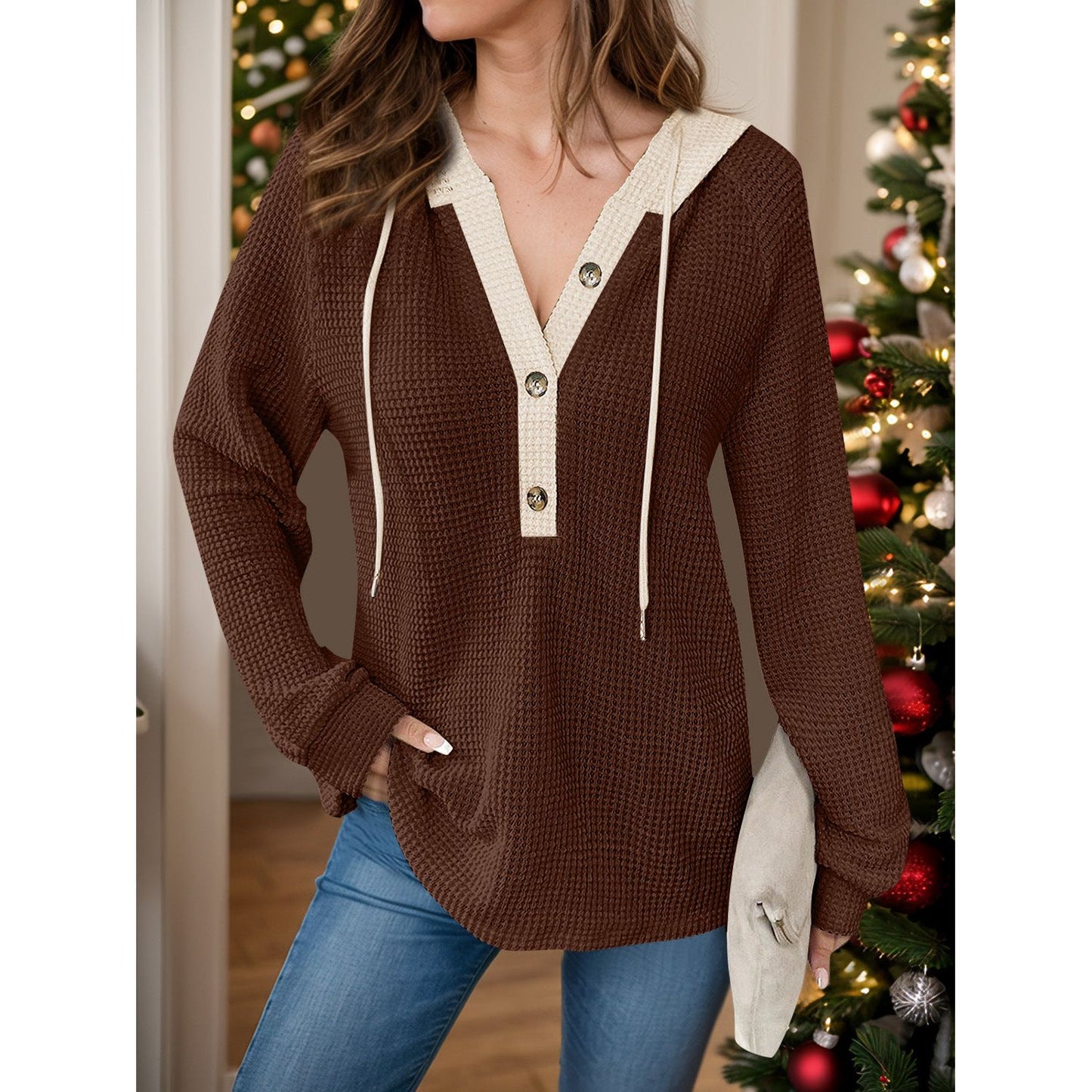 Full Size Waffle-Knit Contrast Long Sleeve Hoodie