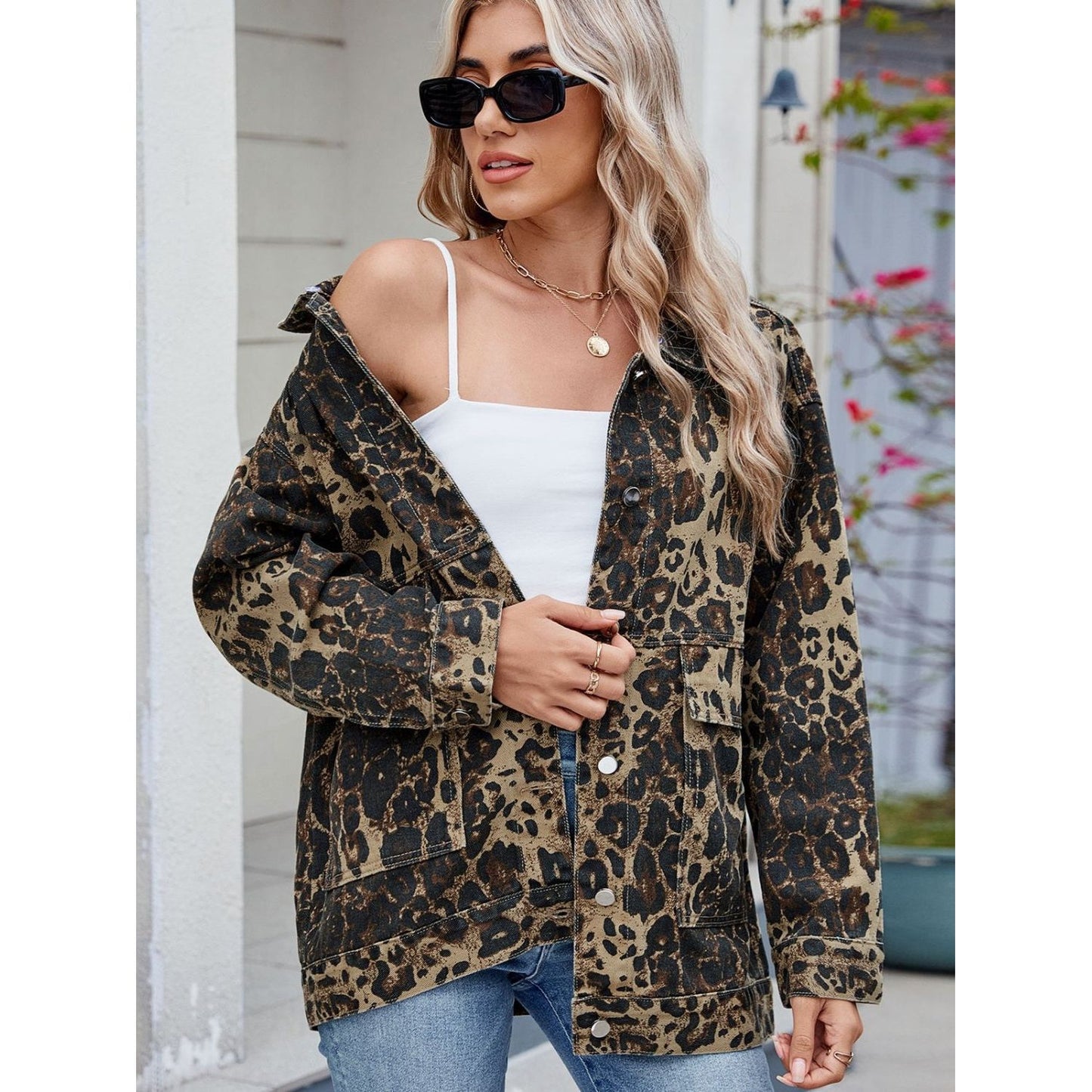 Leopard Button Up Drop Shoulder Denim Jacket