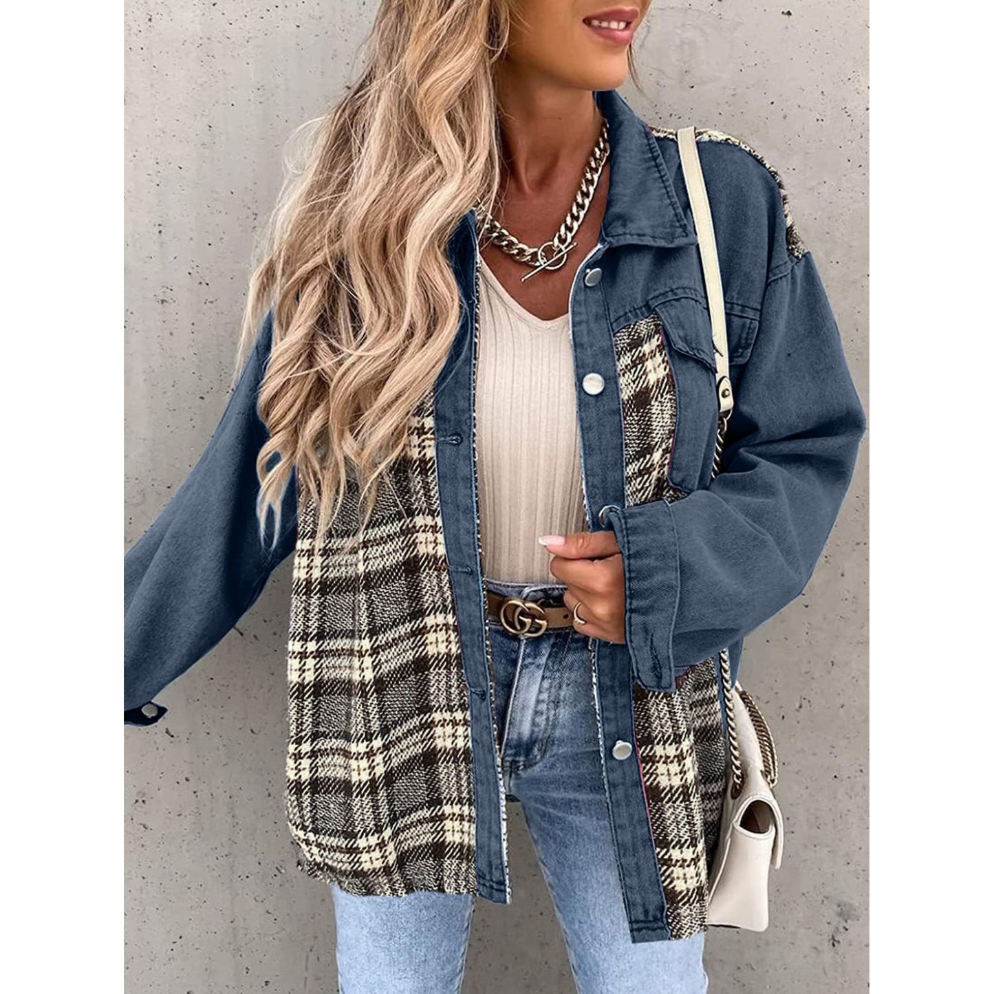 Plaid Button Up Dropped Shoulder Jacket