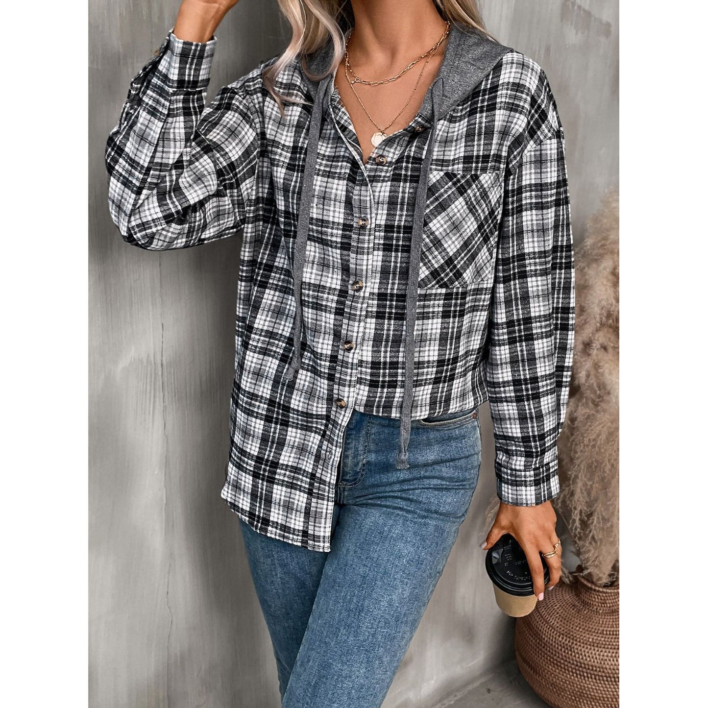 Plaid Long Sleeve Hooded Jacket
