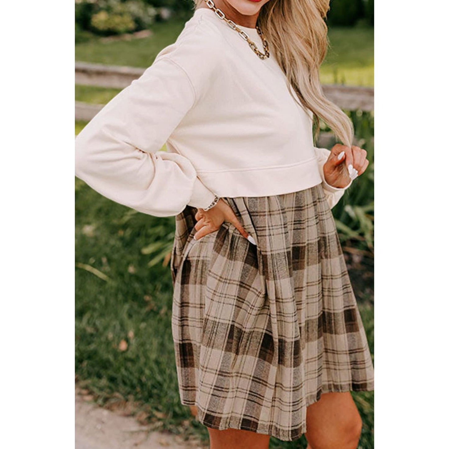 Plaid Round Neck Long Sleeve Mini Dress