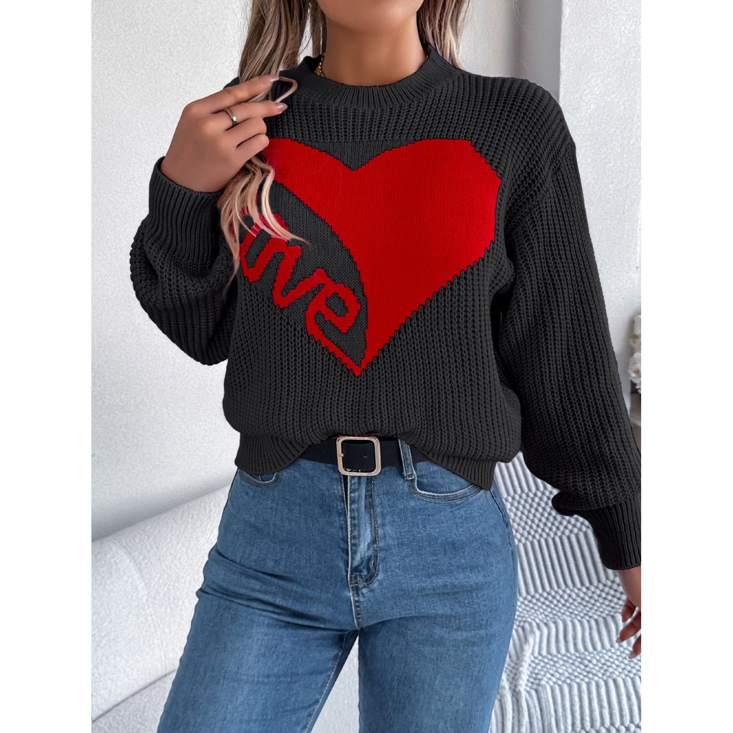 LOVE Heart Round Neck Dropped Shoulder Sweater